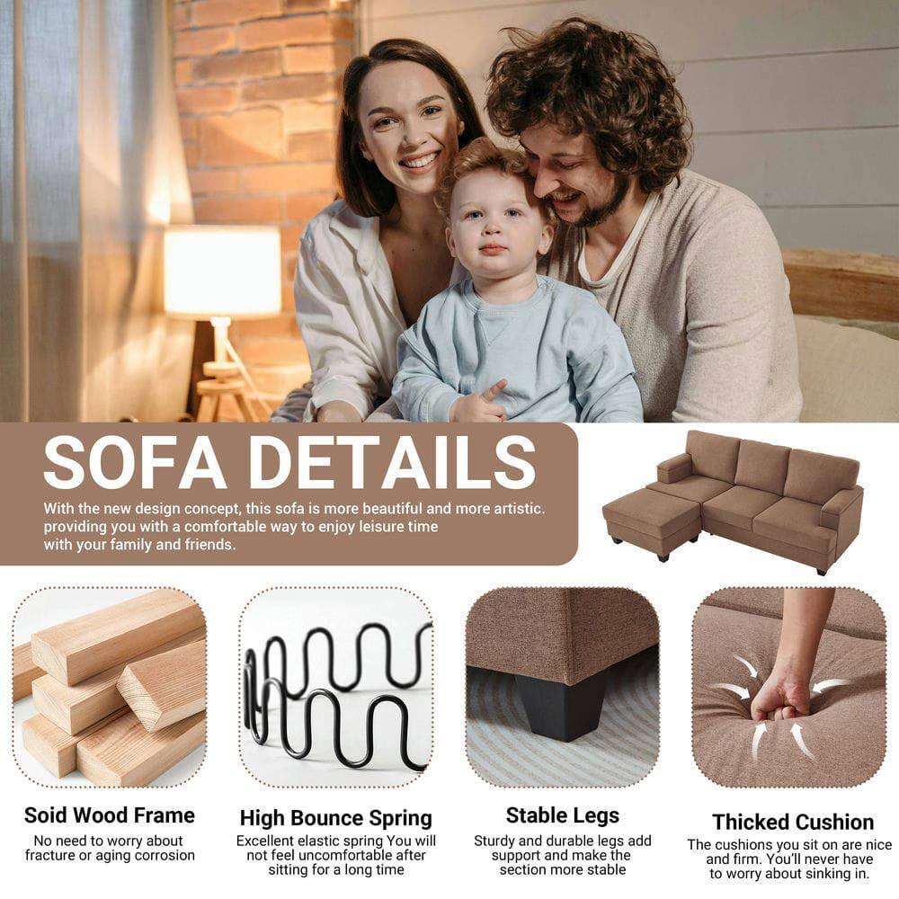 **SOFA DETAILS**

With the new design concept, this sofa is more beautiful and more artistic, providing you with a comfortable way to enjoy leisure time with your family and friends.

- **Solid Wood Frame**  
  No need to worry about fracture or aging corrosion.

- **High Bounce Spring**  
  Excellent elastic spring. You will not feel uncomfortable after sitting for a long time.

- **Stable Legs**  
  Sturdy and durable legs add support and make the section more stable.

- **Thick Cushion**  
  The cushions you sit on are nice and firm. You'll never have to worry about sinking in.