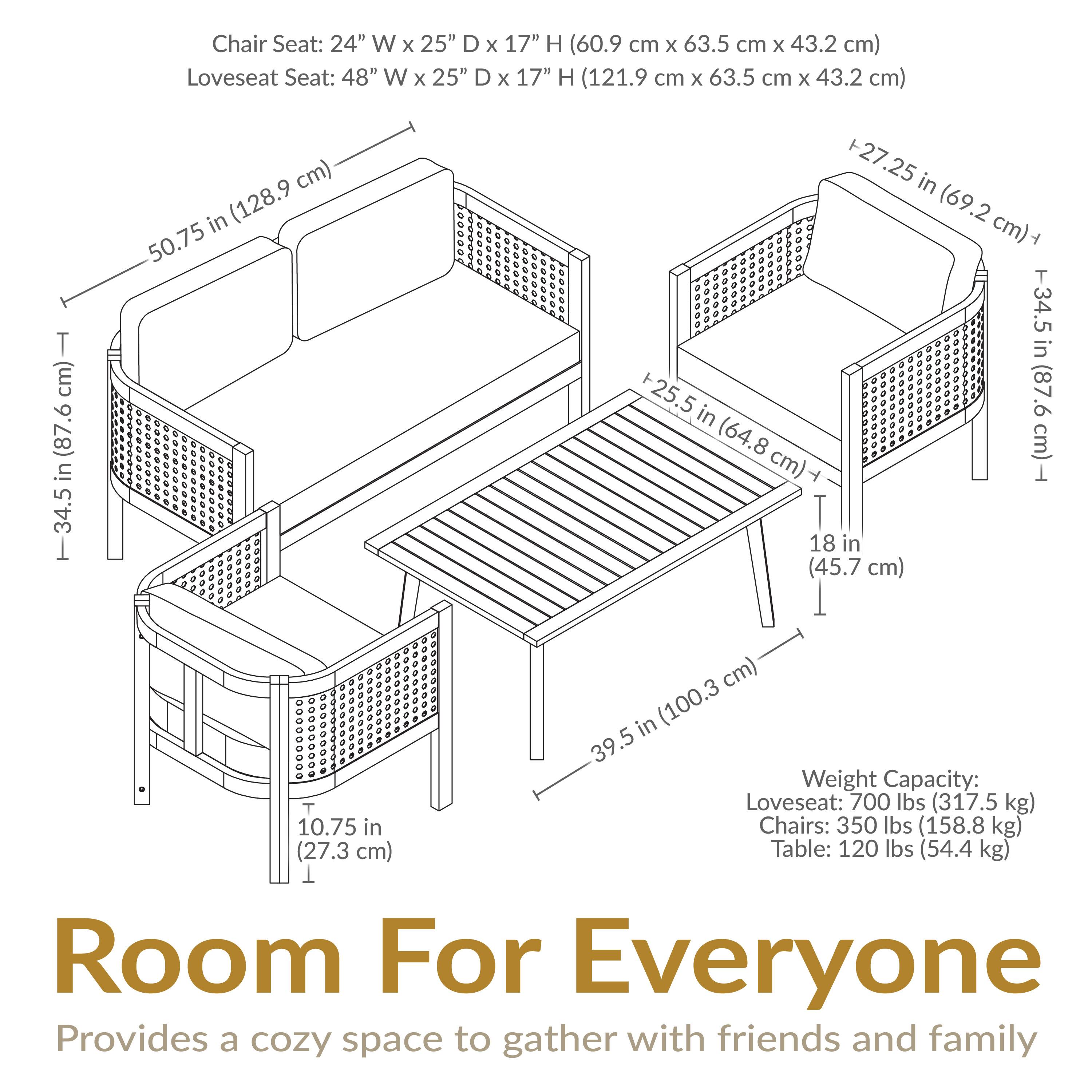 Chair Seat: 24" W x 25" D x 17" H (60.9 cm x 63.5 cm x 43.2 cm)  
Loveseat Seat: 48" W x 25" D x 17" H (121.9 cm x 63.5 cm x 43.2 cm)  

Weight Capacity:  
Loveseat: 700 lbs (317.5 kg)  
Chairs: 350 lbs (158.8 kg)  
Table: 120 lbs (54.4 kg)  

Room For Everyone  
Provides a cozy space to gather with friends and family
