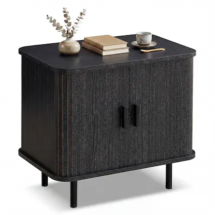 Front. Gymax - Gymax End Table Modern Mid Century Nightstand w/Sliding Tambour Doors & Storage Shelf Black - Black.