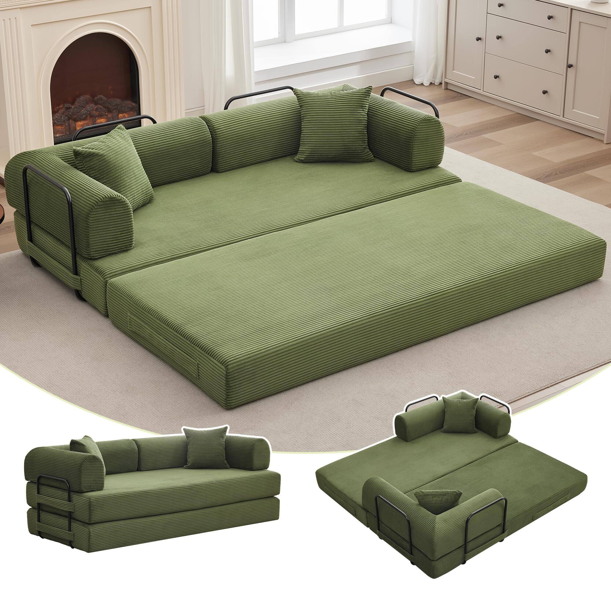 Acekool - 78'' Convertible Sleeper Sofa Bed,4 in 1 Corduroy Boneless Couch with Pillows,Folding Sectional Couch - Green
