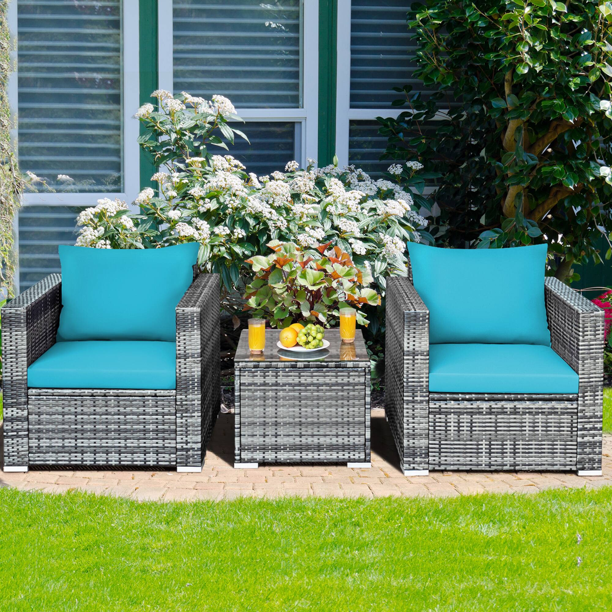 Alt View 3. Gymax - Gymax 3PCS Rattan Patio Conversation Furniture Set Outdoor Yard w/ Turquoise Cushion - Turquoise.