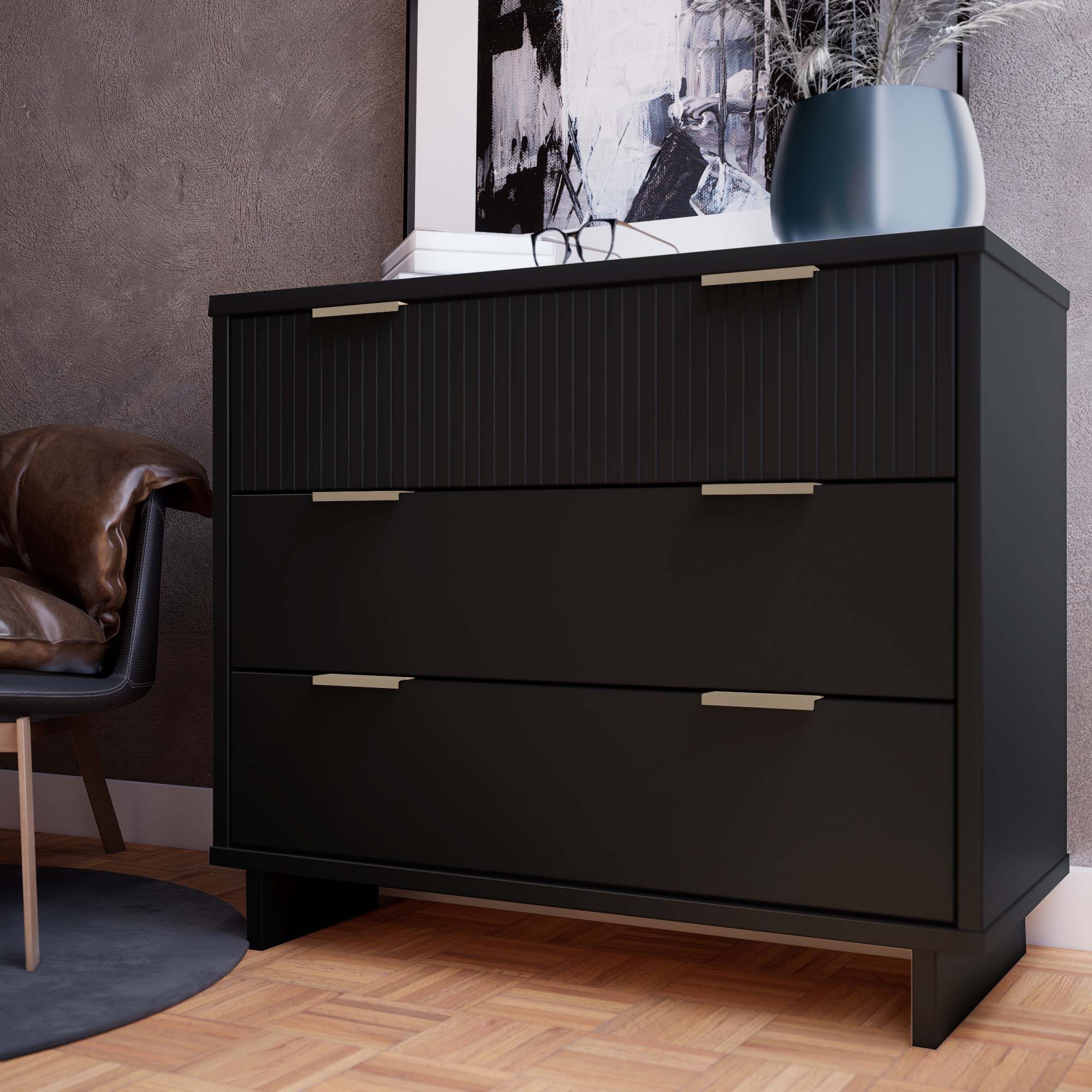 Angle. TinyHomie - Granville 38in Dresser in Black (3-Drawer) - Black.