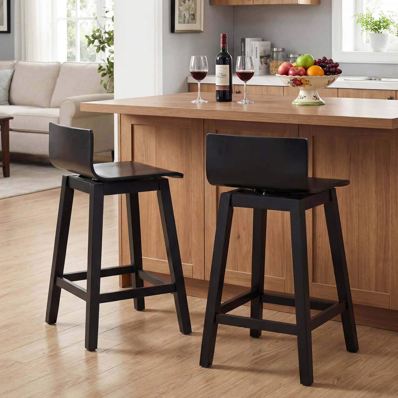 Alt View 3. Costway - Costway 24.5" Counter Height Bar Stools Set of 4 with Footrest Solid Rubber Wood Legs - Black.