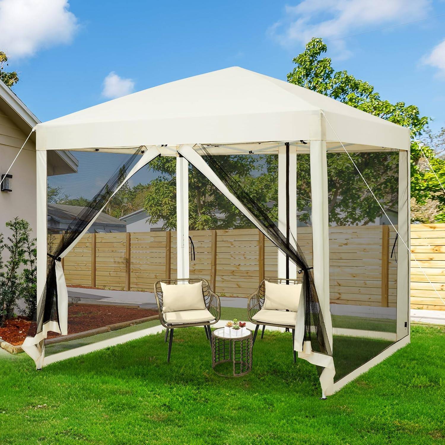 Alt View 4. Homhougo - 10 ft x10 ft Instant Pop-Up Canopy Tent with Removable Mosquito Netting & 2 Zipper Doors, Portable Outdoor Shelter - Beige 10x10 Ft.
