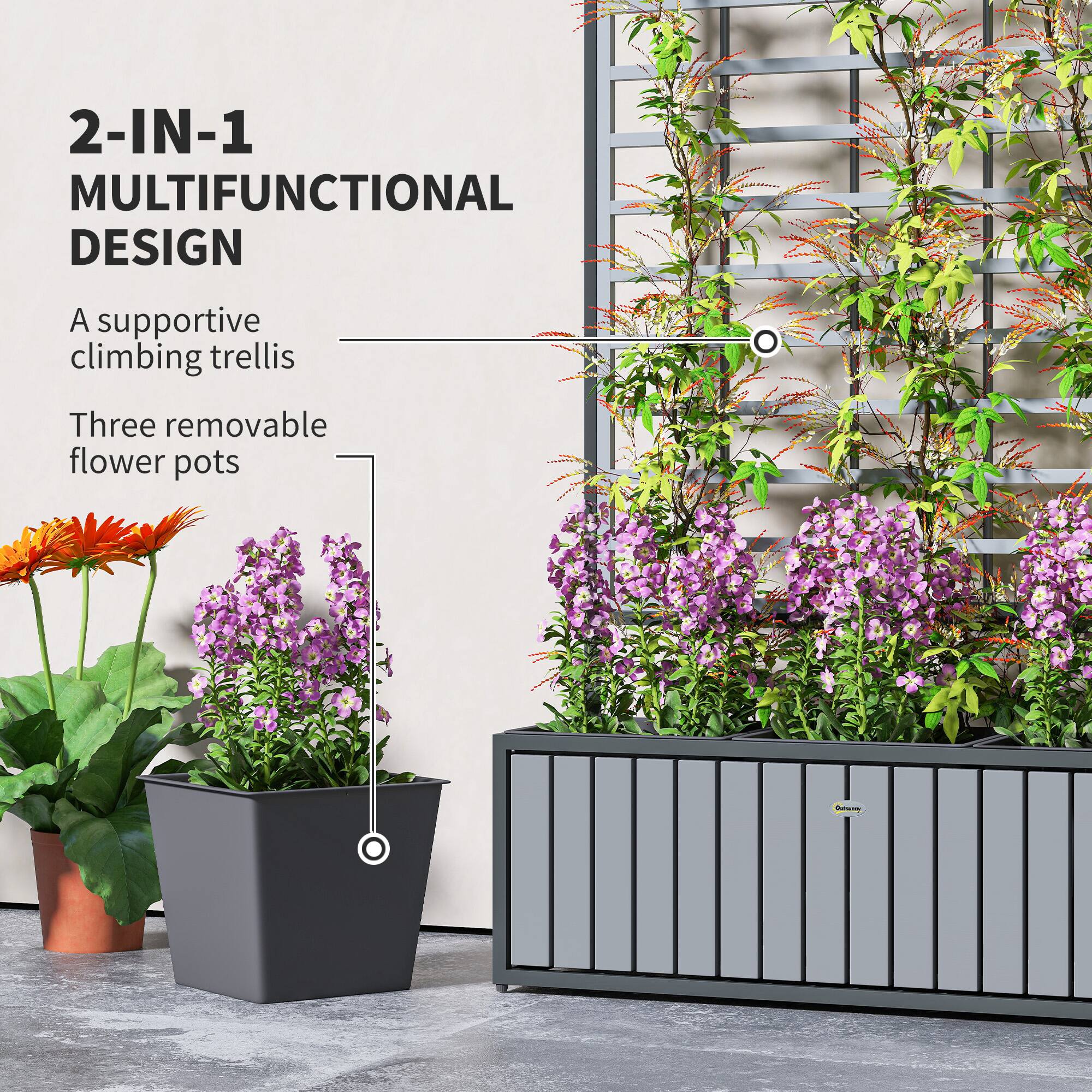 2-IN-1 MULTIFUNCTIONAL DESIGN
A supportive climbing trellis
Three removable flower pots