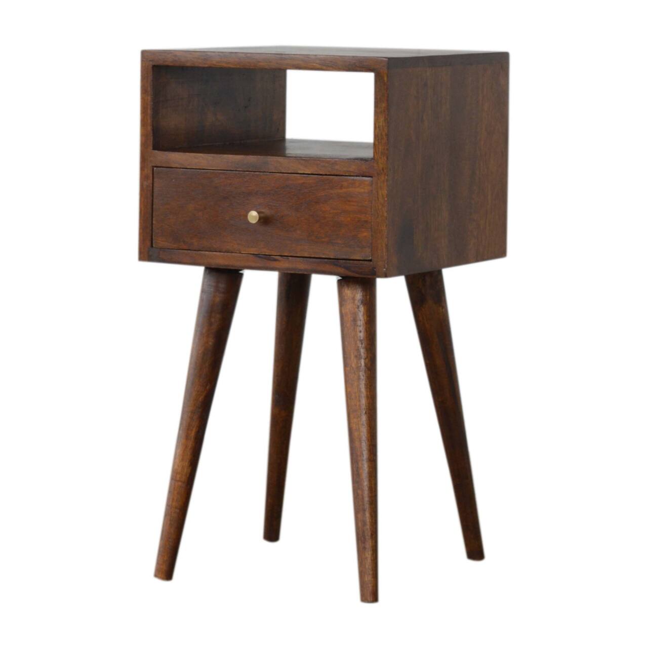 Back. Artisan Furniture - Artisan Furniture Solid Wood Mini Chestnut Nightstand, 1 drawer, 1 Open Slot, Nordic legs, Dark Brown - Chestnut.