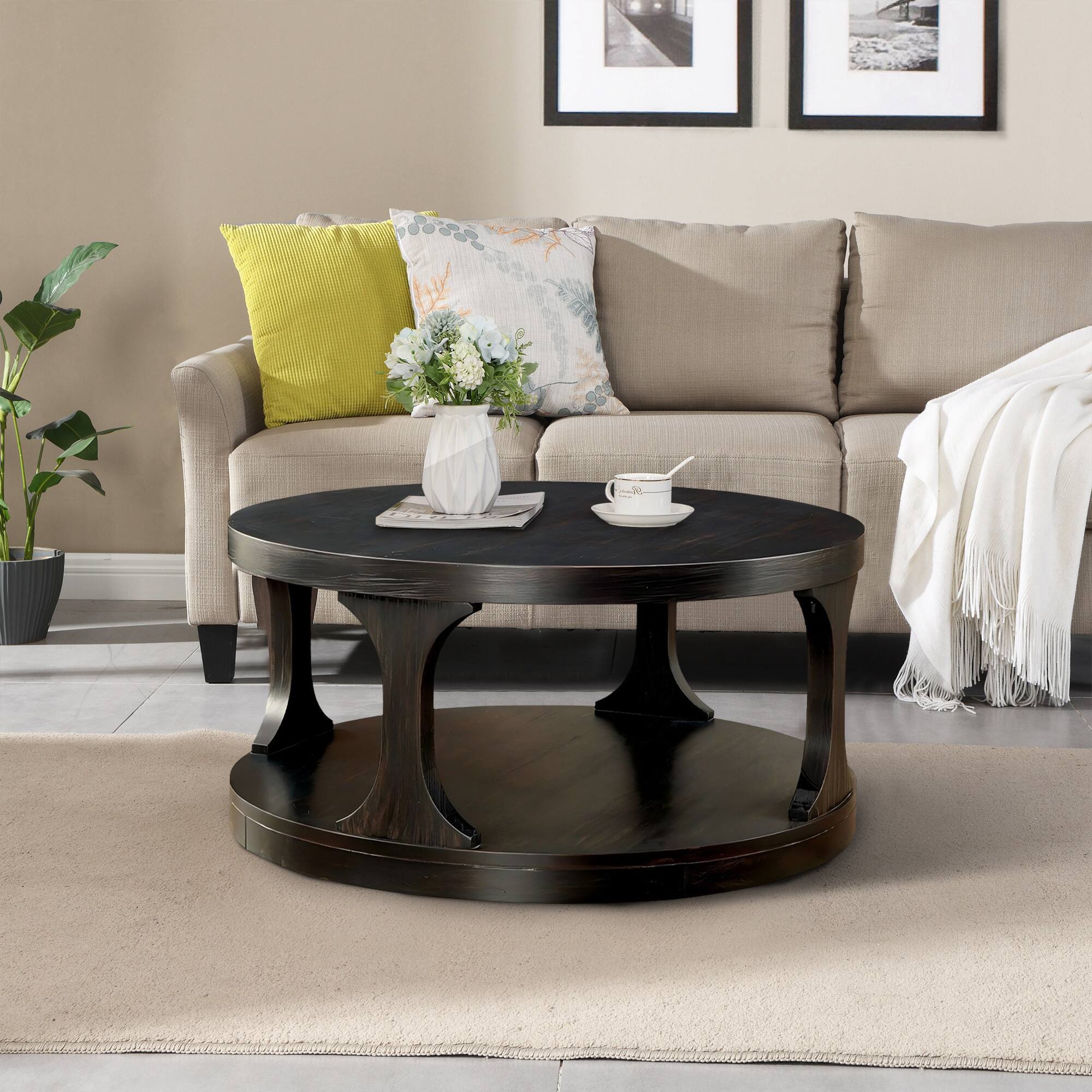 Left. Vaczon - 36" Solid Wood Coffee Table Round with Storage Modern Wood Round Center Table for Living Room Home Office Small Space - Antique Black.