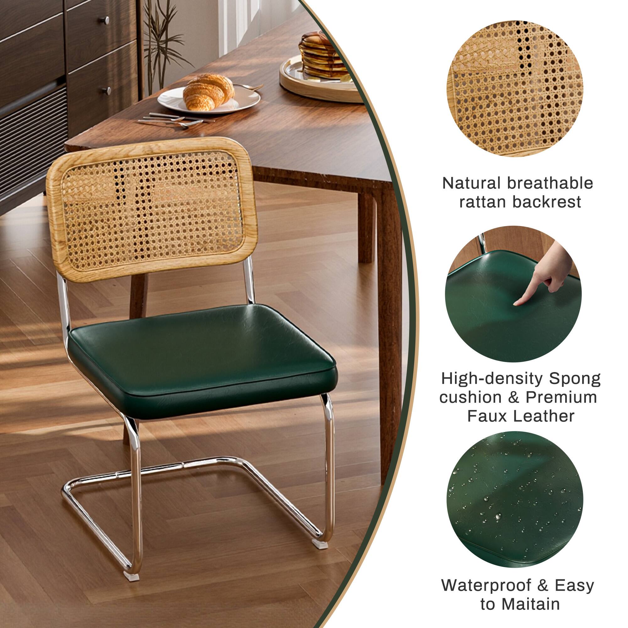Natural breathable rattan backrest, high-density sponge cushion, premium faux leather, waterproof & easy to maintain.