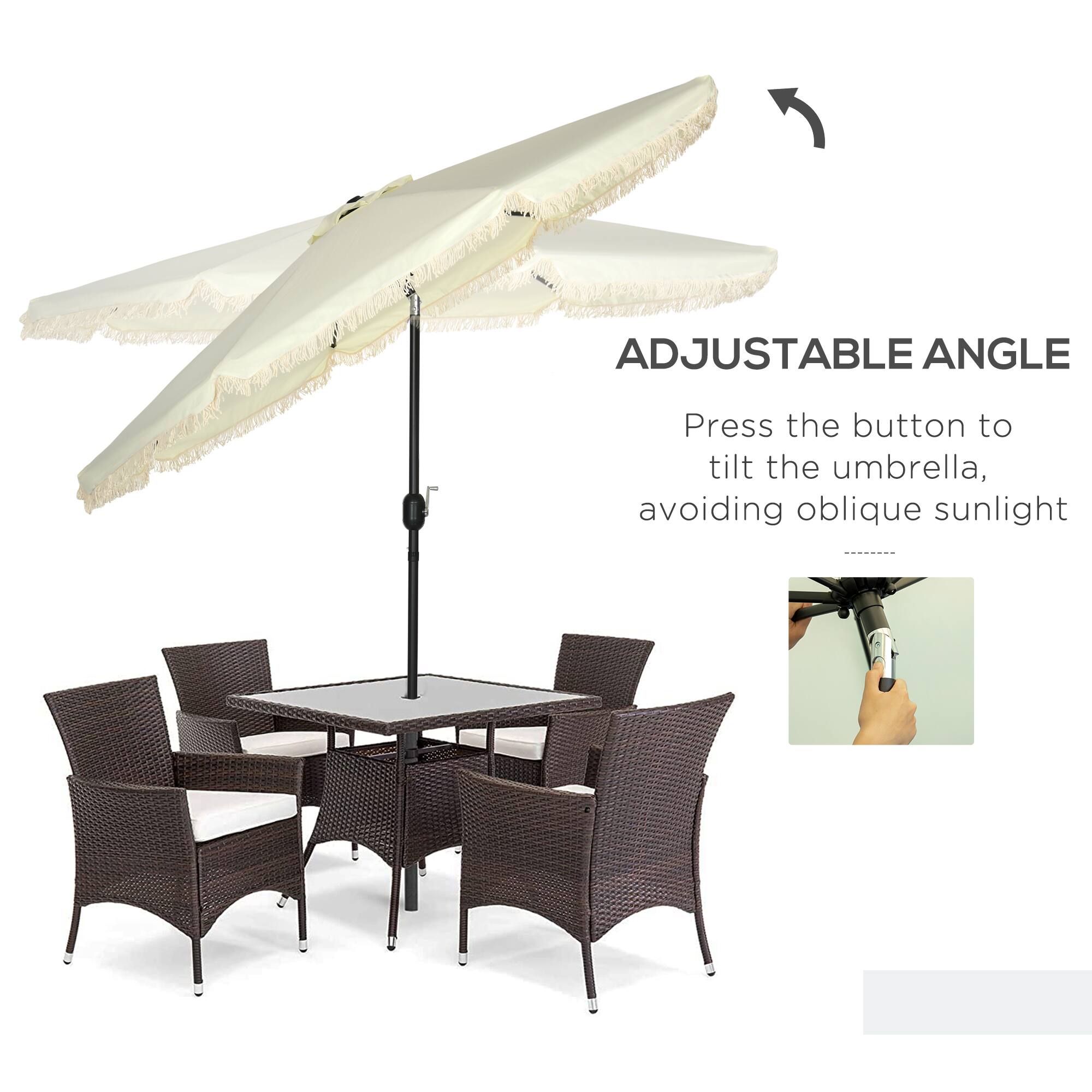 ADJUSTABLE ANGLE  
Press the button to tilt the umbrella, avoiding oblique sunlight