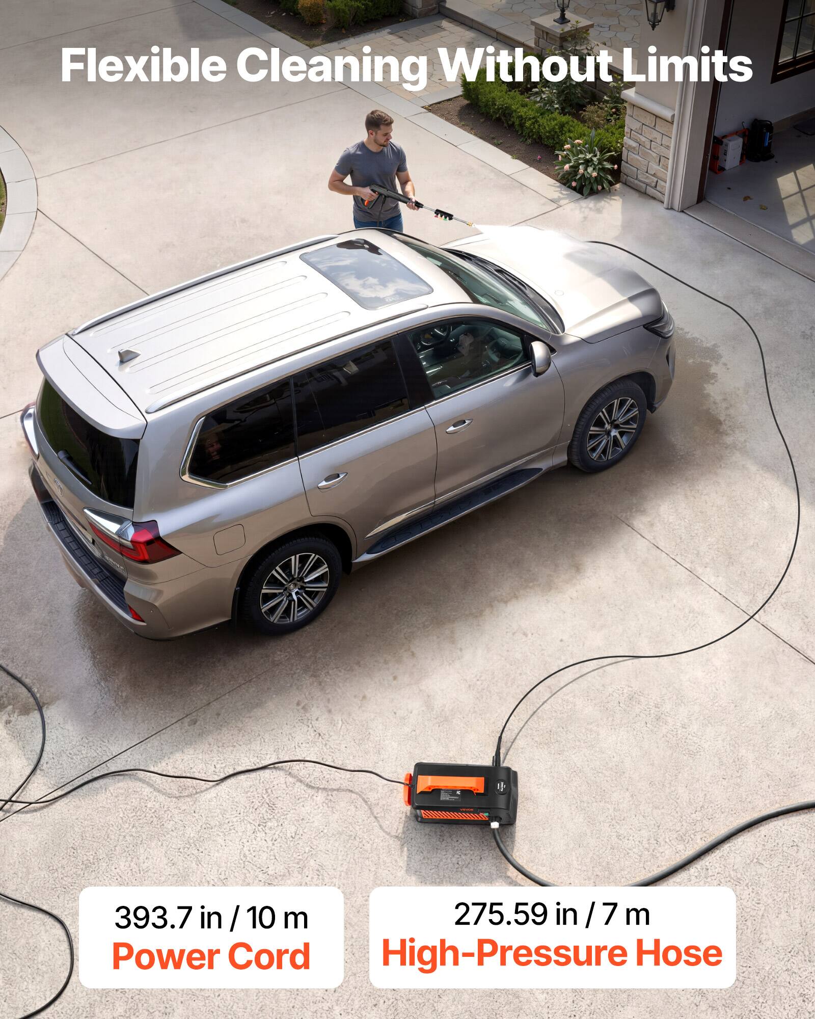 Flexible Cleaning Without Limits

393.7 in / 10 m Power Cord

275.59 in / 7 m High-Pressure Hose