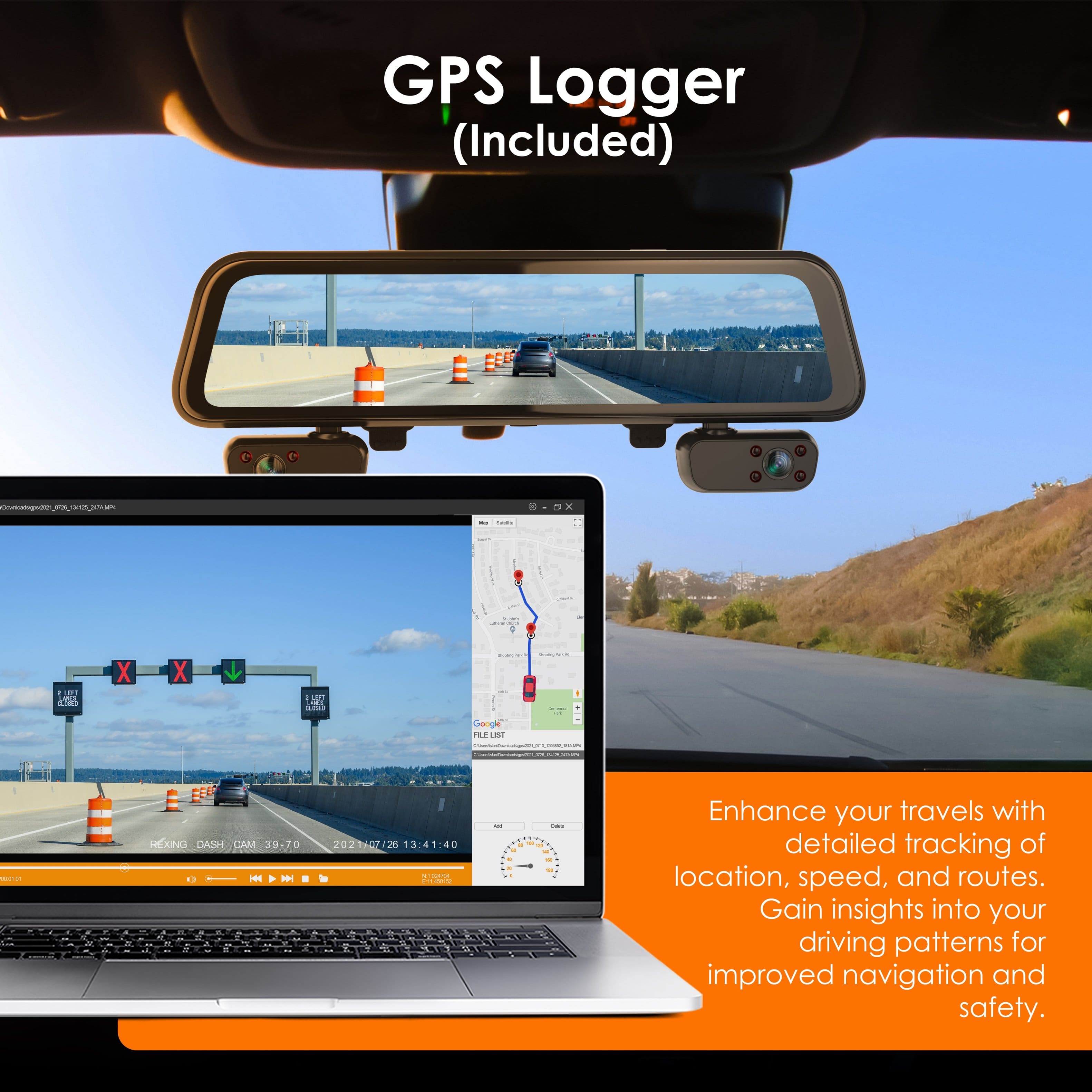 GPS Logger (Included) - Enhance your travels with detailed tracking of location, speed, and routes. Gain insights into your driving patterns for improved navigation and safety.