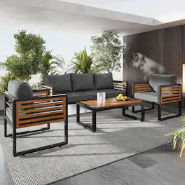 Whisen - 4-Piece Acacia Wood & Metal Patio Conversation Sofa Set for 5, with 4-Inch Thick Removable Cushions - Gray