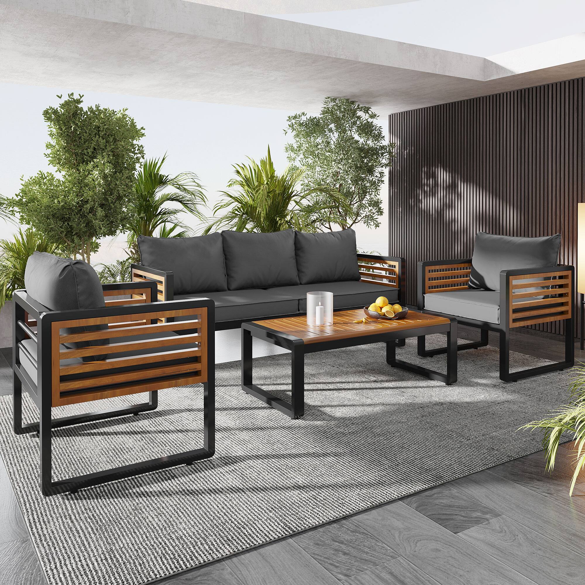 Front. Whisen - 4-Piece Acacia Wood & Metal Patio Conversation Sofa Set for 5, with 4-Inch Thick Removable Cushions - Gray.