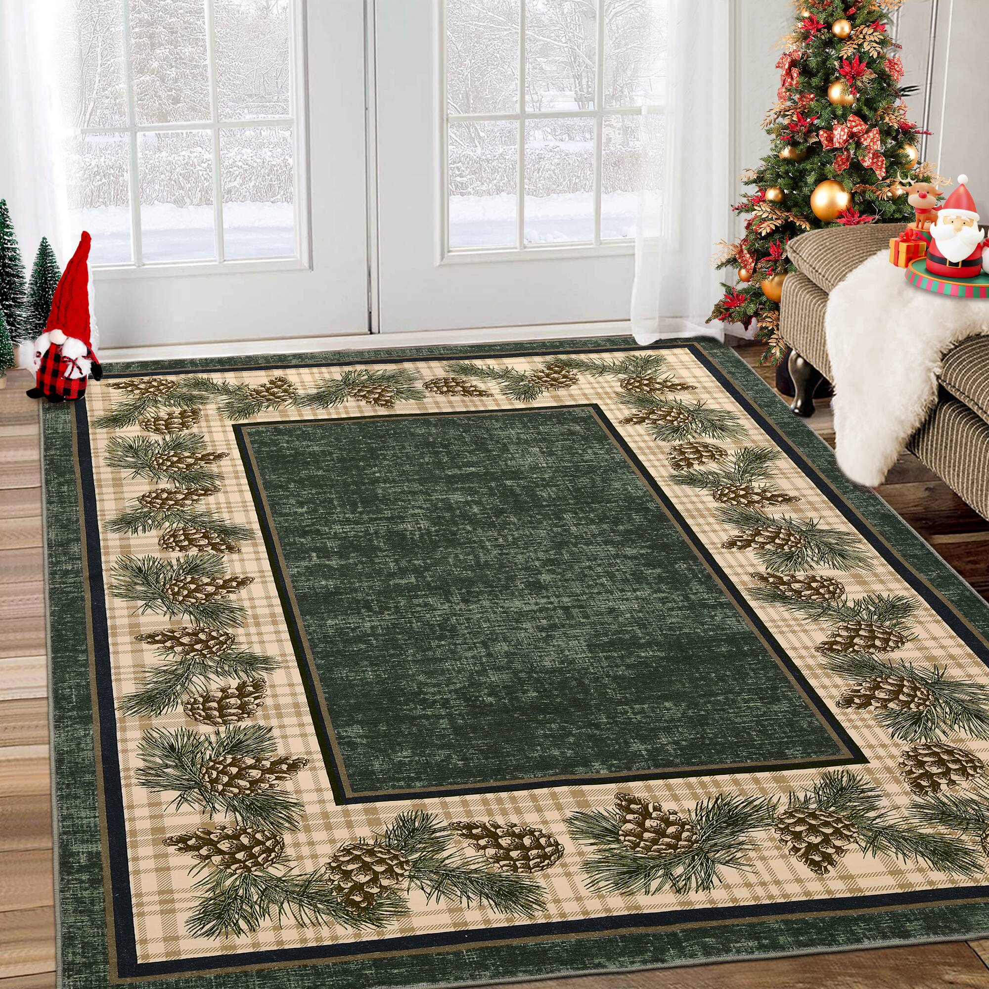 Front. Acekool - 10 x 13 fChristmas Rug Runner, Stain-Resistant Xmas Floral Bedside Bathroom Rug for Laundry,Bedroom - Green.