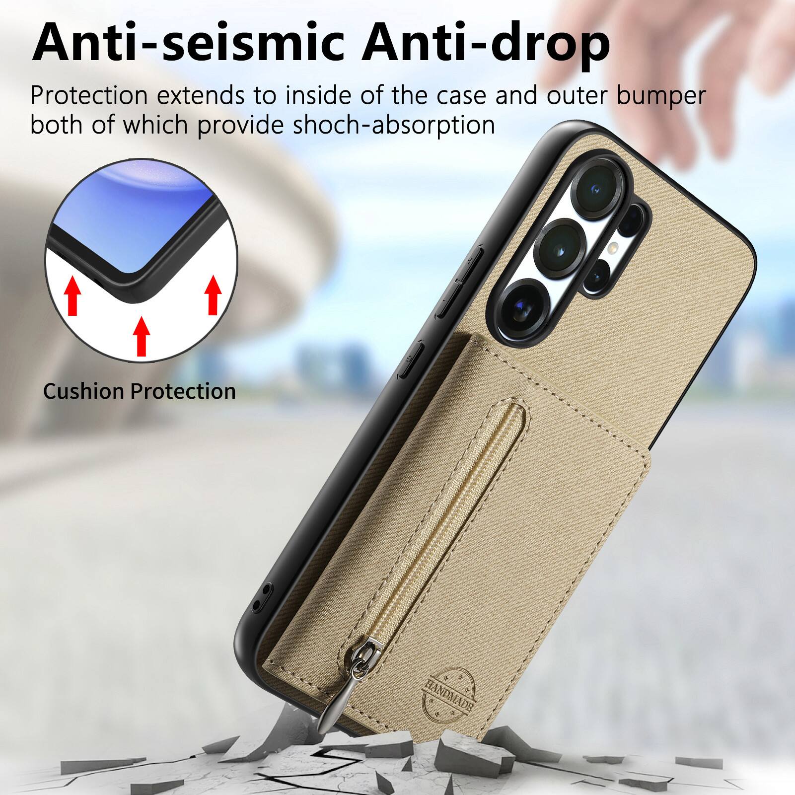 Anti-seismic Anti-drop Protection extends to inside of the case and outer bumper both of which provide shock-absorption Cushion Protection HANDMADE