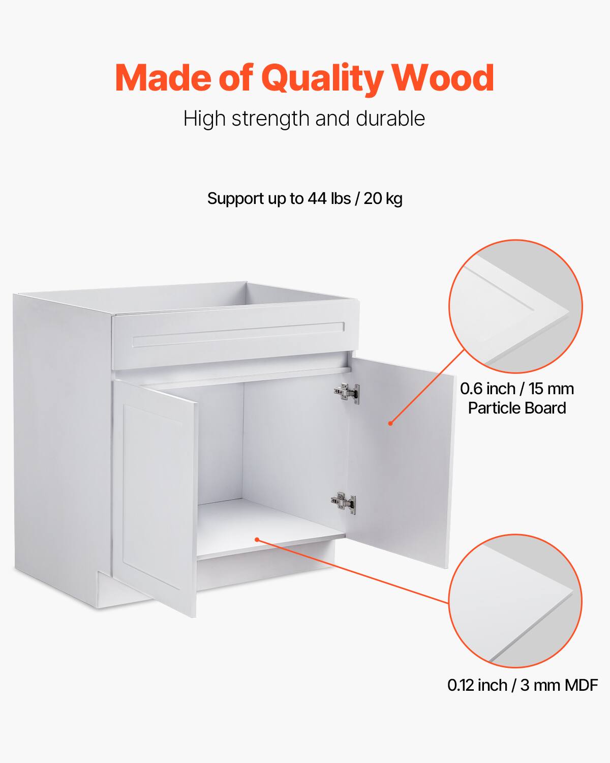 Made of Quality Wood  
High strength and durable  

Support up to 44 lbs / 20 kg  

0.6 inch / 15 mm Particle Board  

0.12 inch / 3 mm MDF