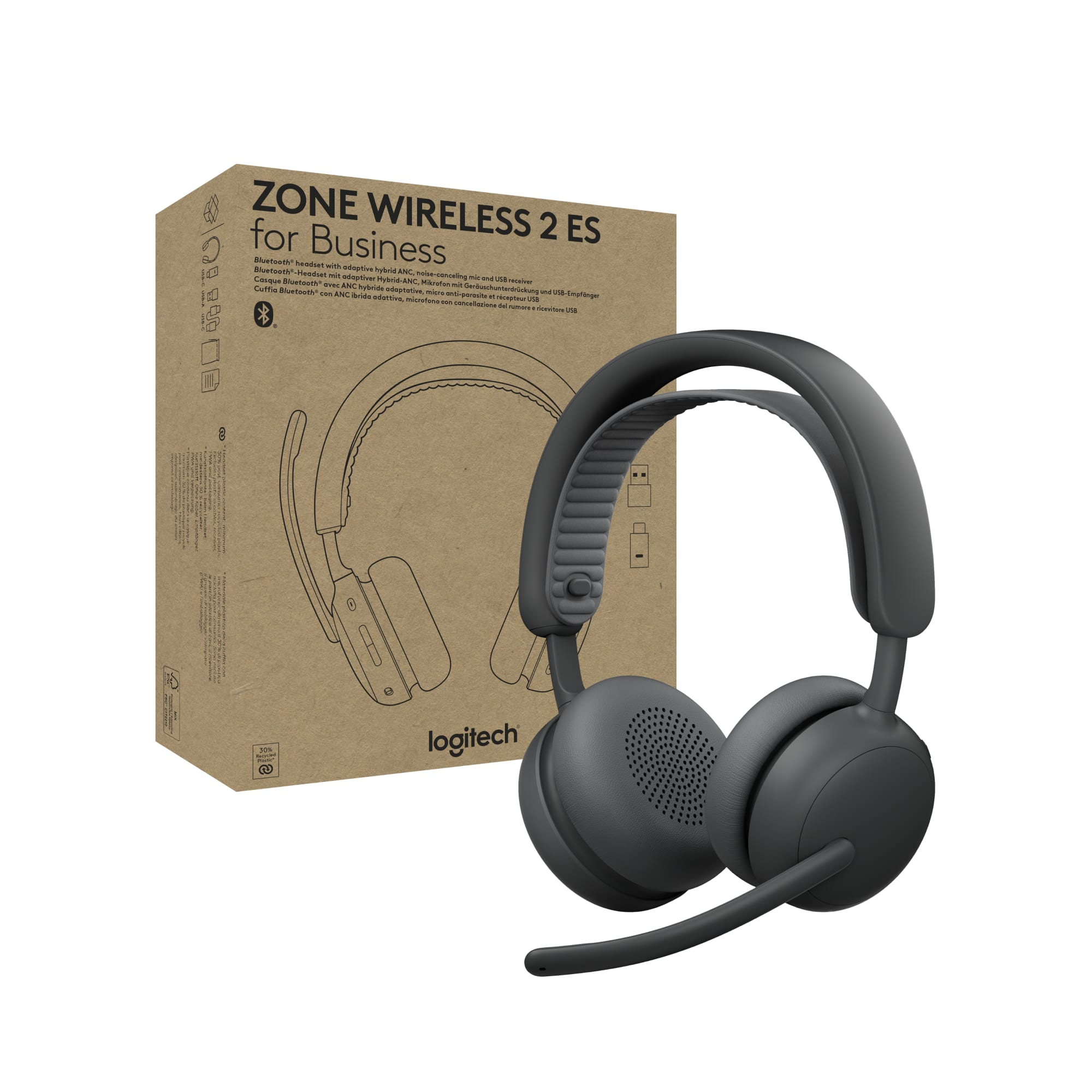 Logitech - Zone Wireless 2 ES Noise Cancelling Headset for Business UC Version with Receiver - Graphite