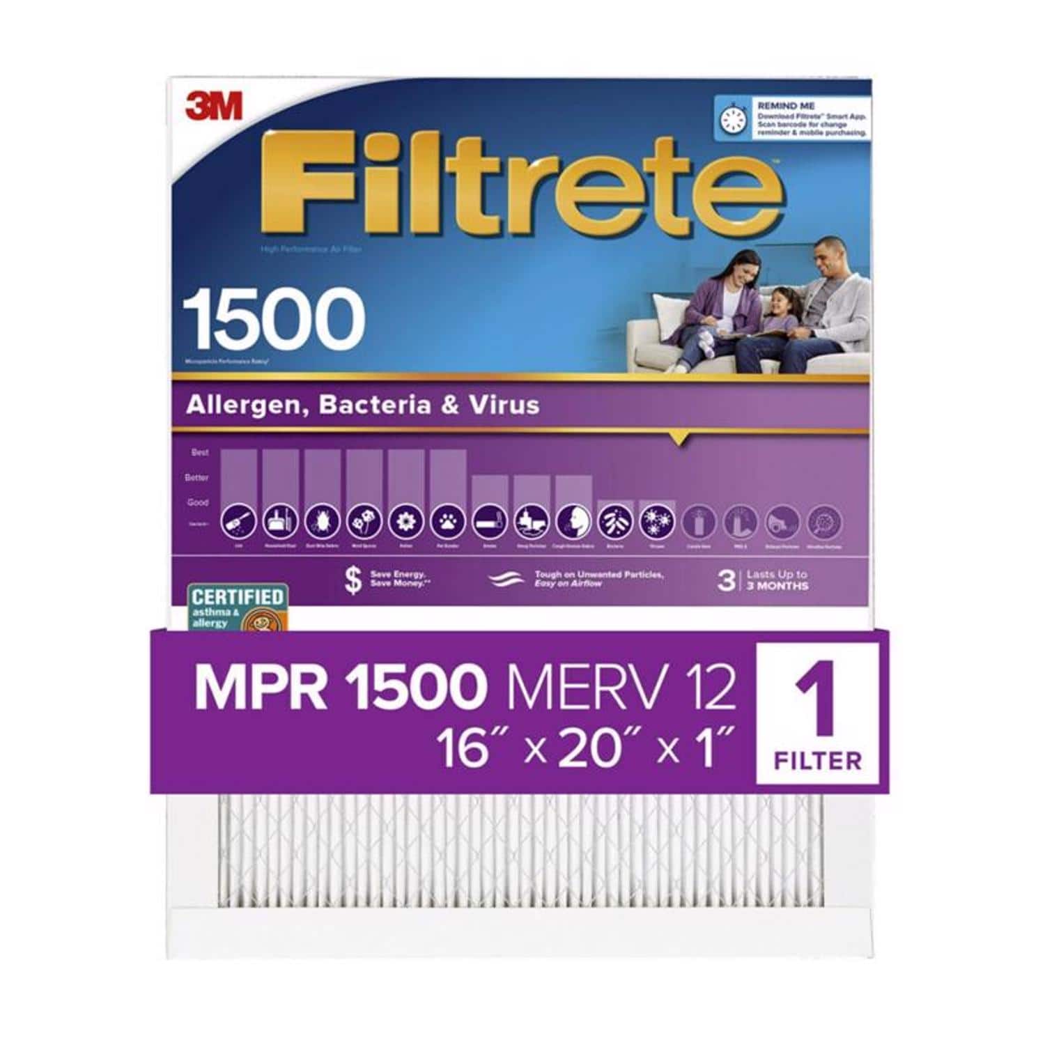 Filtrete - 16 in. W X 20 in. H X 1 in. D 1500 MPR Pleated Allergen Air Filter 1 pk