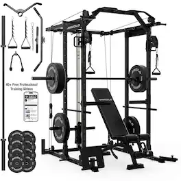 Mikolo - Power Rack Cage, Weight Rack with Cable Crossover Machine,Multi-Function Squat Rack with J Hooks,Dip Bars and Landmine - Black