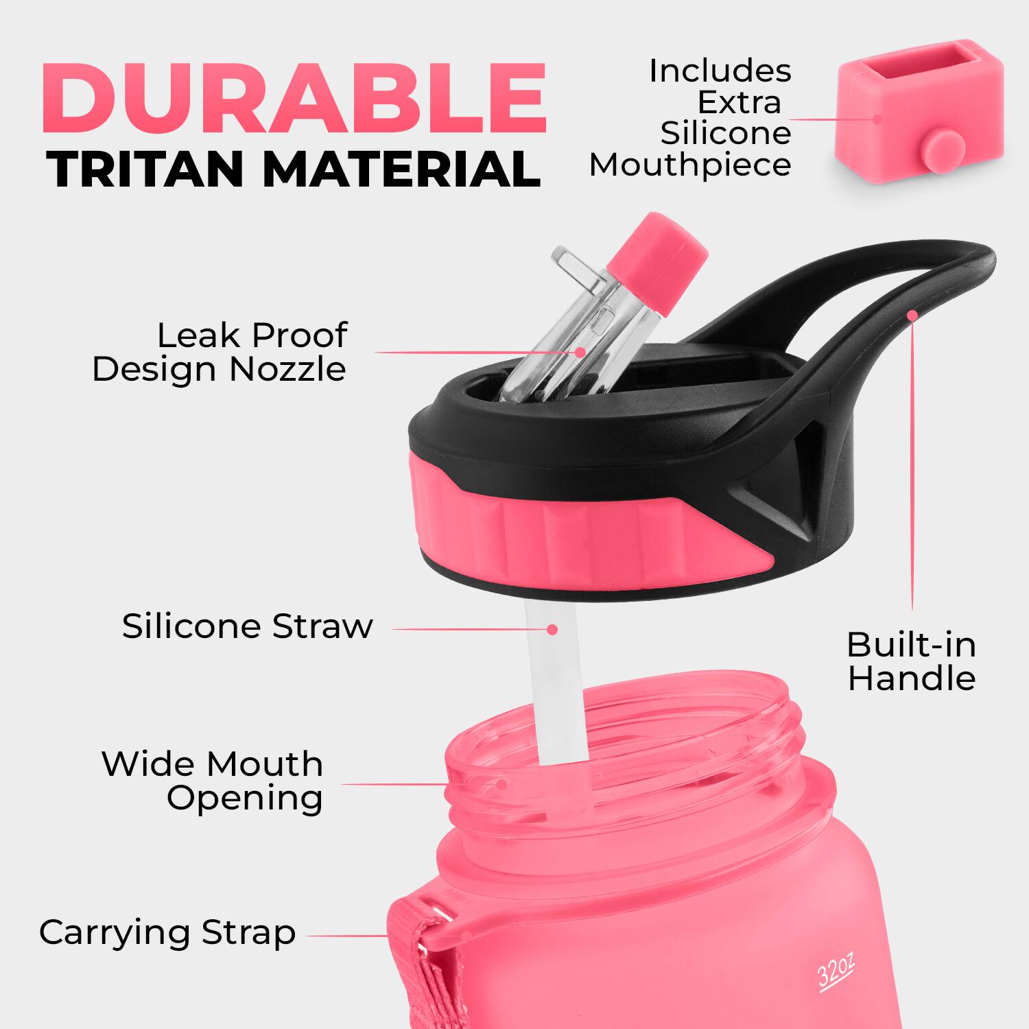 Includes DURABLE Silicone Extra TRITAN MATERIAL Mouthpiece Leak Proof Design Nozzle Silicone Straw Built-in Handle Wide Mouth Opening Carrying Strap 32oz