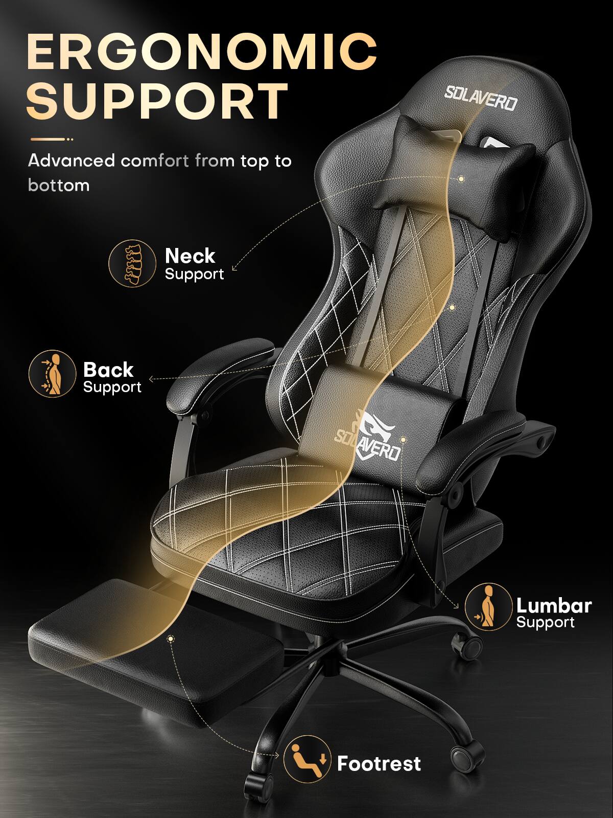 ERGONOMIC SUPPORT  
SOLAVERO  
Advanced comfort from top to bottom  
Neck Support  
Back Support  
Lumbar Support  
Footrest
