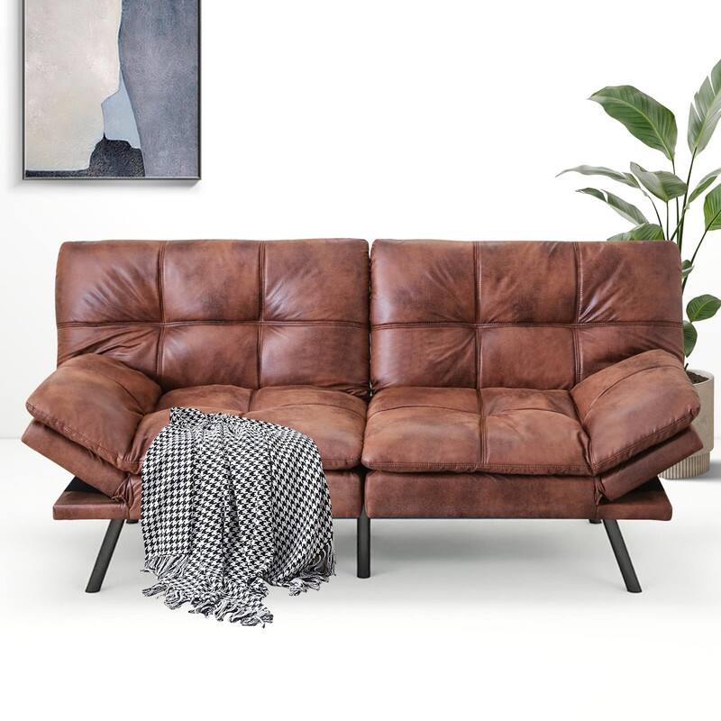 Alt View 3. Dyonery - Dyonery 71-Inch Futon Sofa Bed, Convertible Guest Bed & Loveseat | Cozy Faux Leather with Adjustable Positions - Brown.