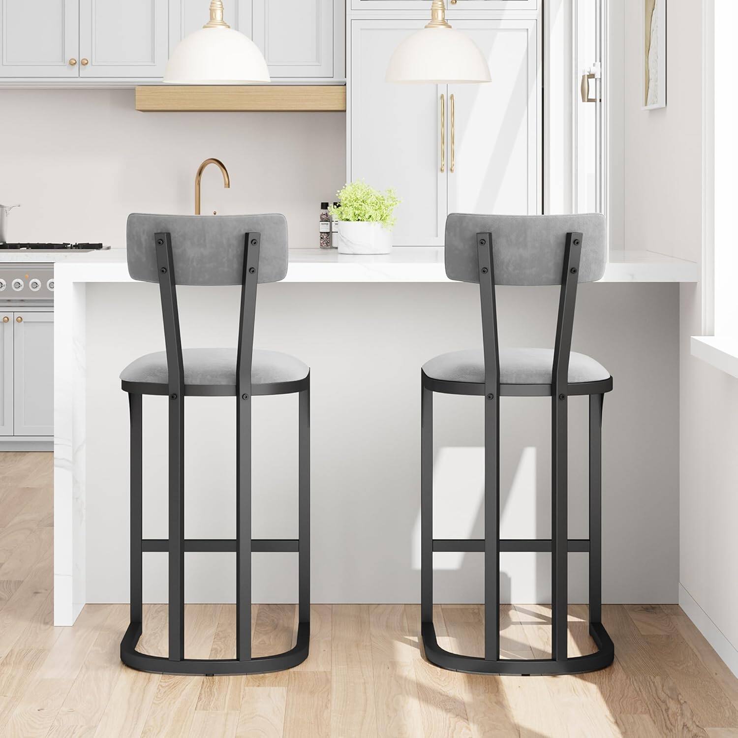 Alt View 7. GARVEE - Bar Stools Set of 2, Counter Height Bar Stools, Curved Back with Metal Frame Island Chairs(Gray) - gray.