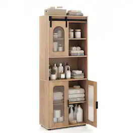 Gymax - 59'' Farmhouse Bathroom Floor Cabinet w/Sliding Barn Door and Shelves for Kitchen - Yellow