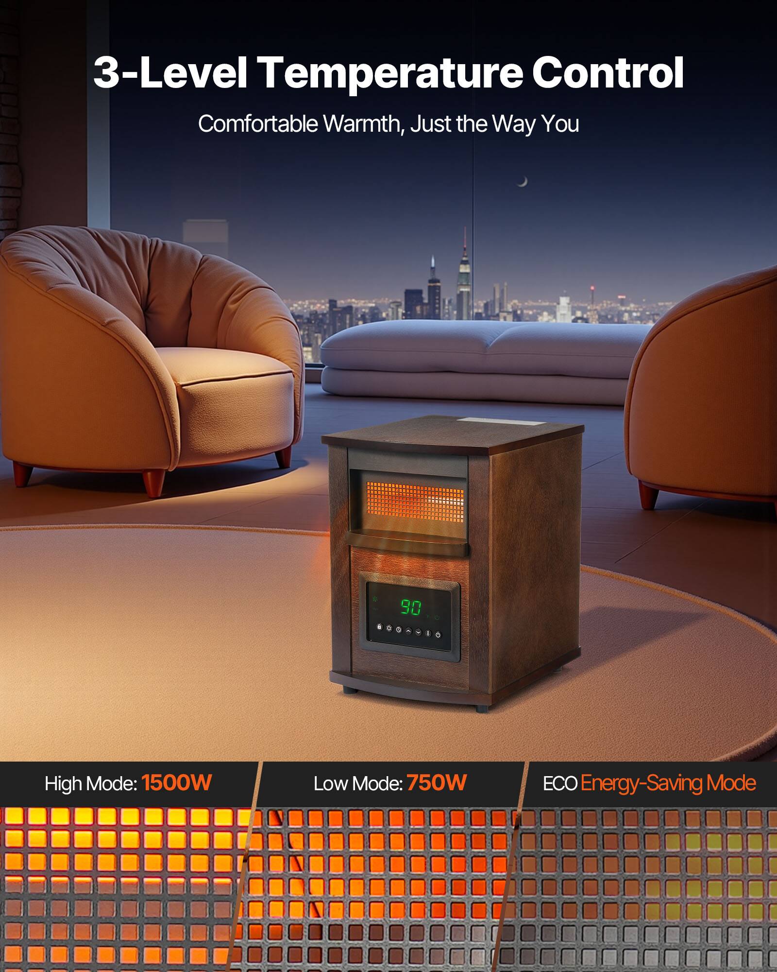 3-Level Temperature Control  
Comfortable Warmth, Just the Way You

High Mode: 1500W  
Low Mode: 750W  
ECO Energy-Saving Mode