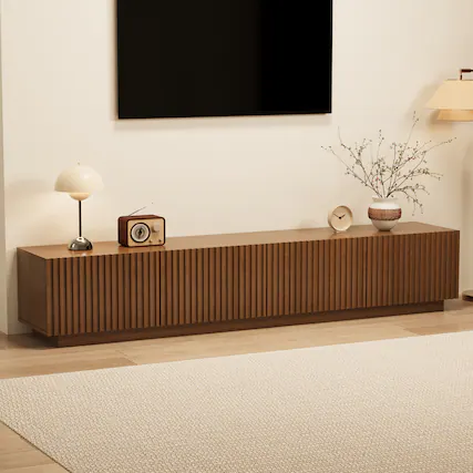 Front. luck idea - 86.61" TV Stand & Media Console, Modern Entertainment Center with Large Storage for Living Room - Walnut Color.