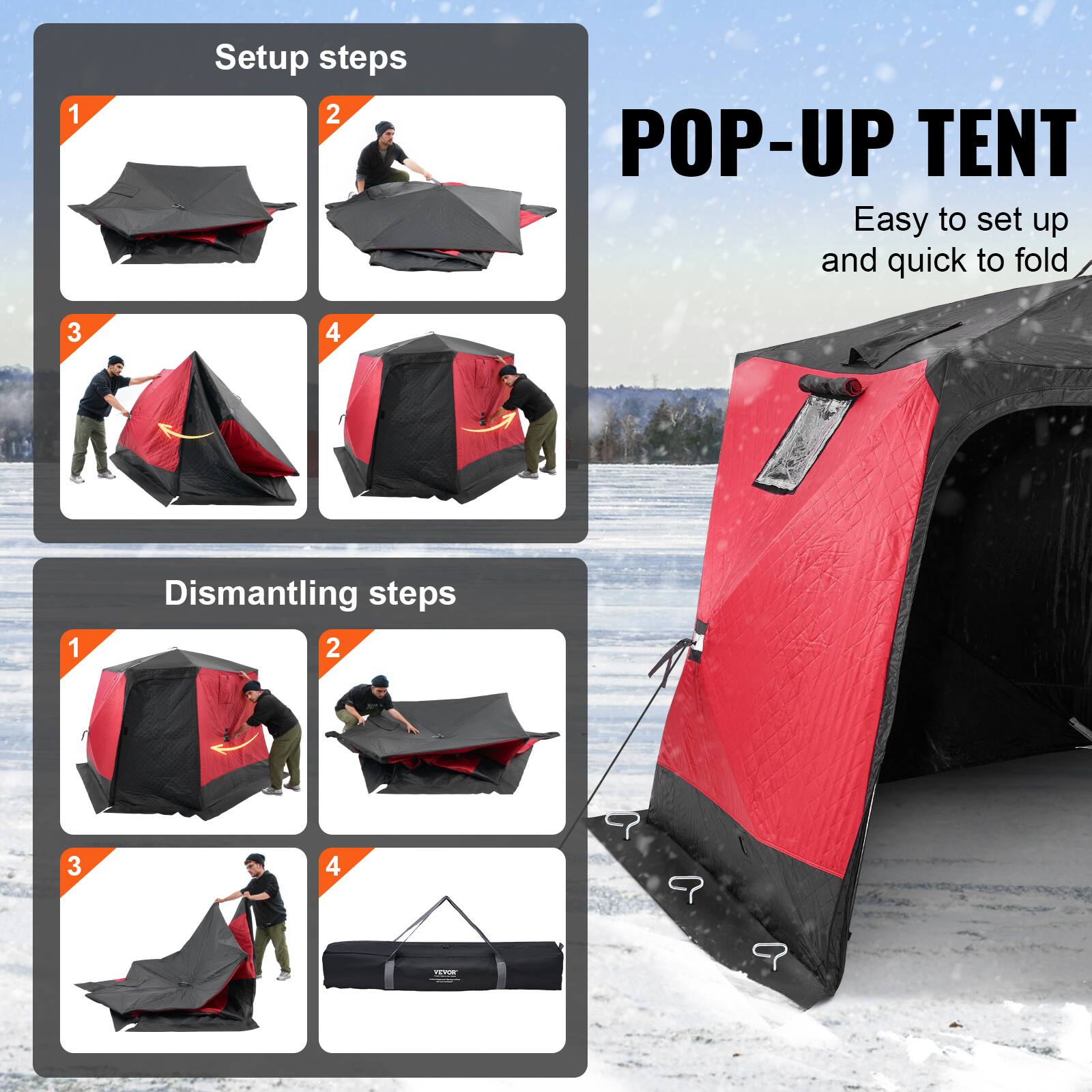 **Setup steps**

1. [Image of tent partially set up]
2. [Image of tent being adjusted]
3. [Image of tent being adjusted further]
4. [Image of fully set up tent]

**POP-UP TENT**

Easy to set up and quick to fold

**Dismantling steps**

1. [Image of tent being collapsed]
2. [Image of tent being folded]
3. [Image of tent being folded further]
4. [Image of fully folded tent in a bag]