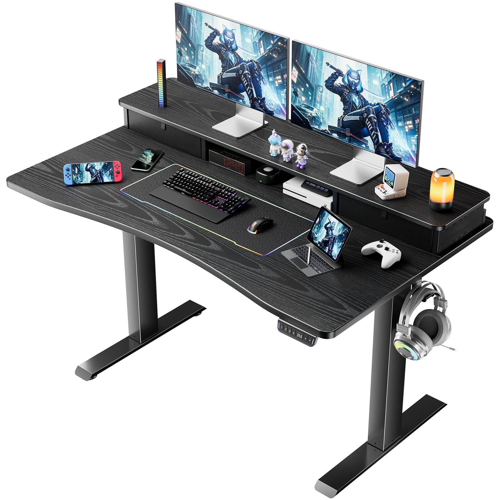 Hirose Alice - Veken × Standing Desk with Storage Drawers, Adjustable Height Computer Table with Monitor Shelf, Home Offic - Black 47.2x27.6 Inch