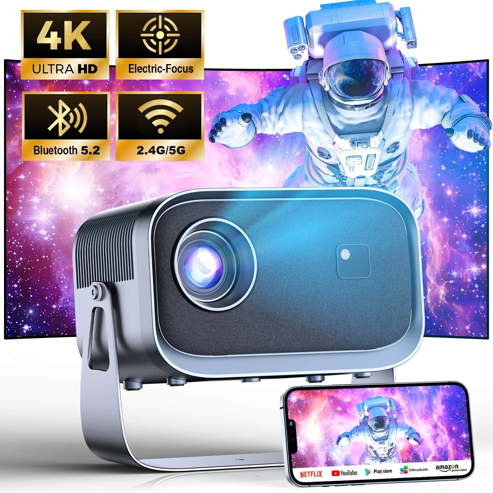 VEAT00L - LOSEI Smart Projector | 4K Support, Auto Keystone Correction | Portable, iOS/Android Compatible - Black