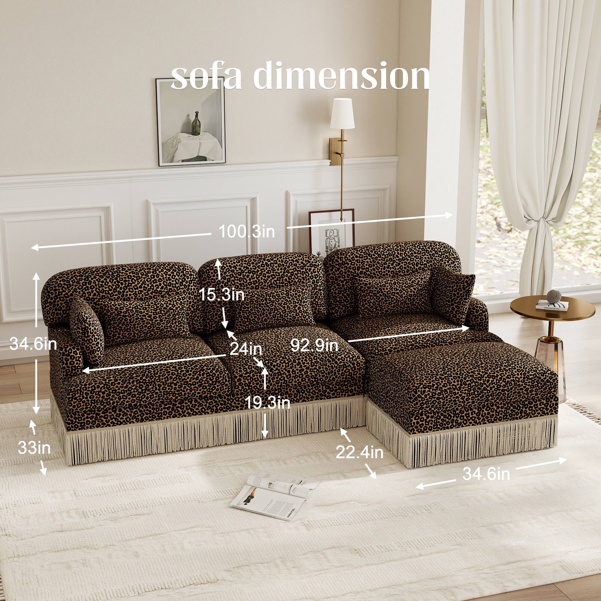 sofa dimension 100.3in x 15.3in x 34.6in x 24in x 92.9in x 19.3in x 33in x 22.4in x 34.6in