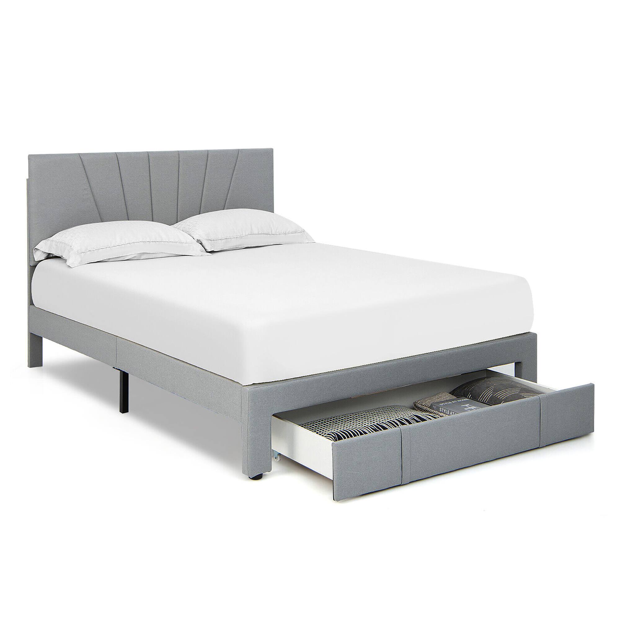 Alt View 1. Gymax - Gymax Queen Upholstered Bed Frame Platform Bed with Drawer & Adjustable Headboard Grey - Grey.