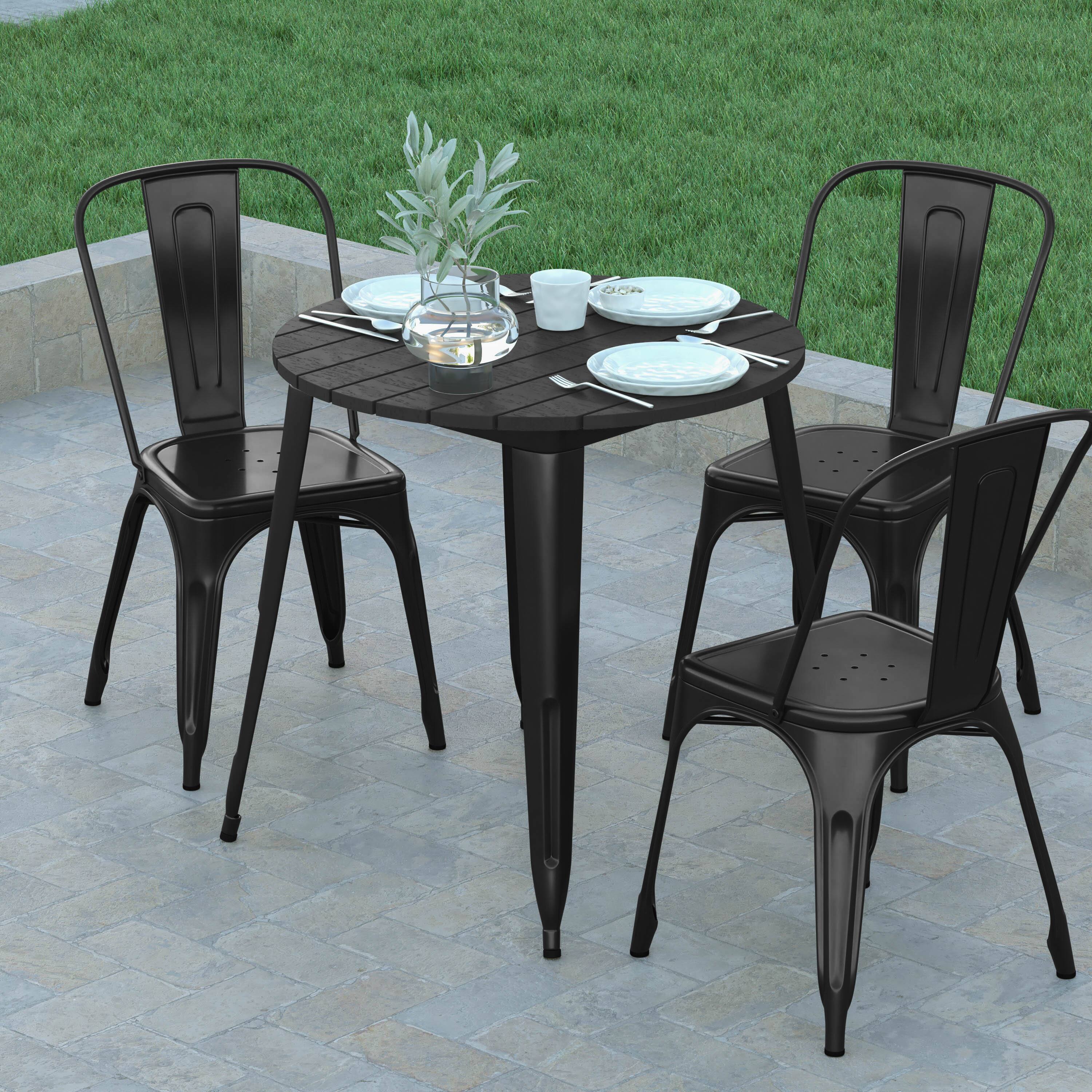 Alt View 3. Emma + Oliver - Drew Indoor/Outdoor Dining Table, 30" Round All Weather Poly Resin Top with Steel Base - Black Top/Black Frame.