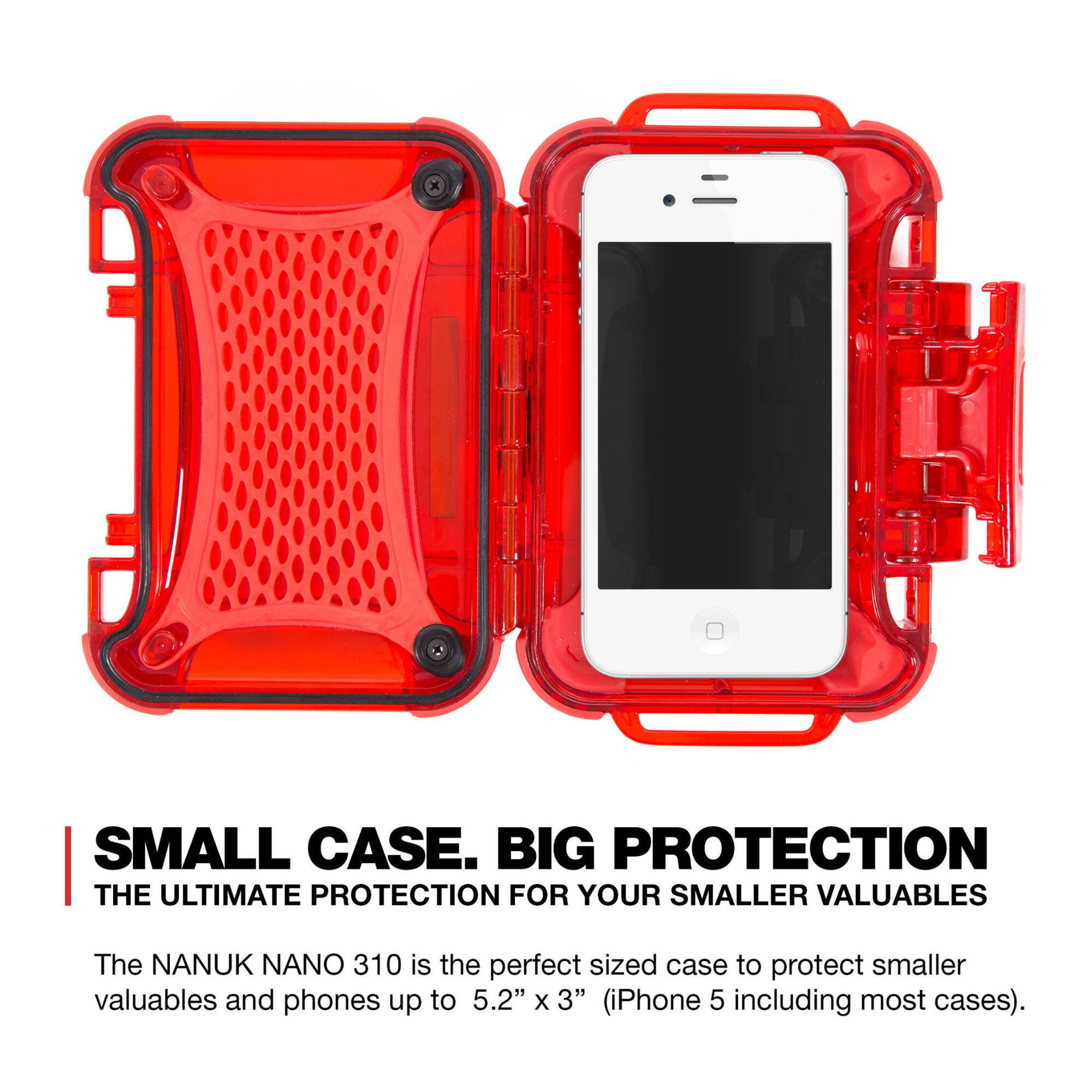 SMALL CASE. BIG PROTECTION  
THE ULTIMATE PROTECTION FOR YOUR SMALLER VALUABLES  

The NANUK NANO 310 is the perfect sized case to protect smaller valuables and phones up to 5.2" x 3" (iPhone 5 including most cases).