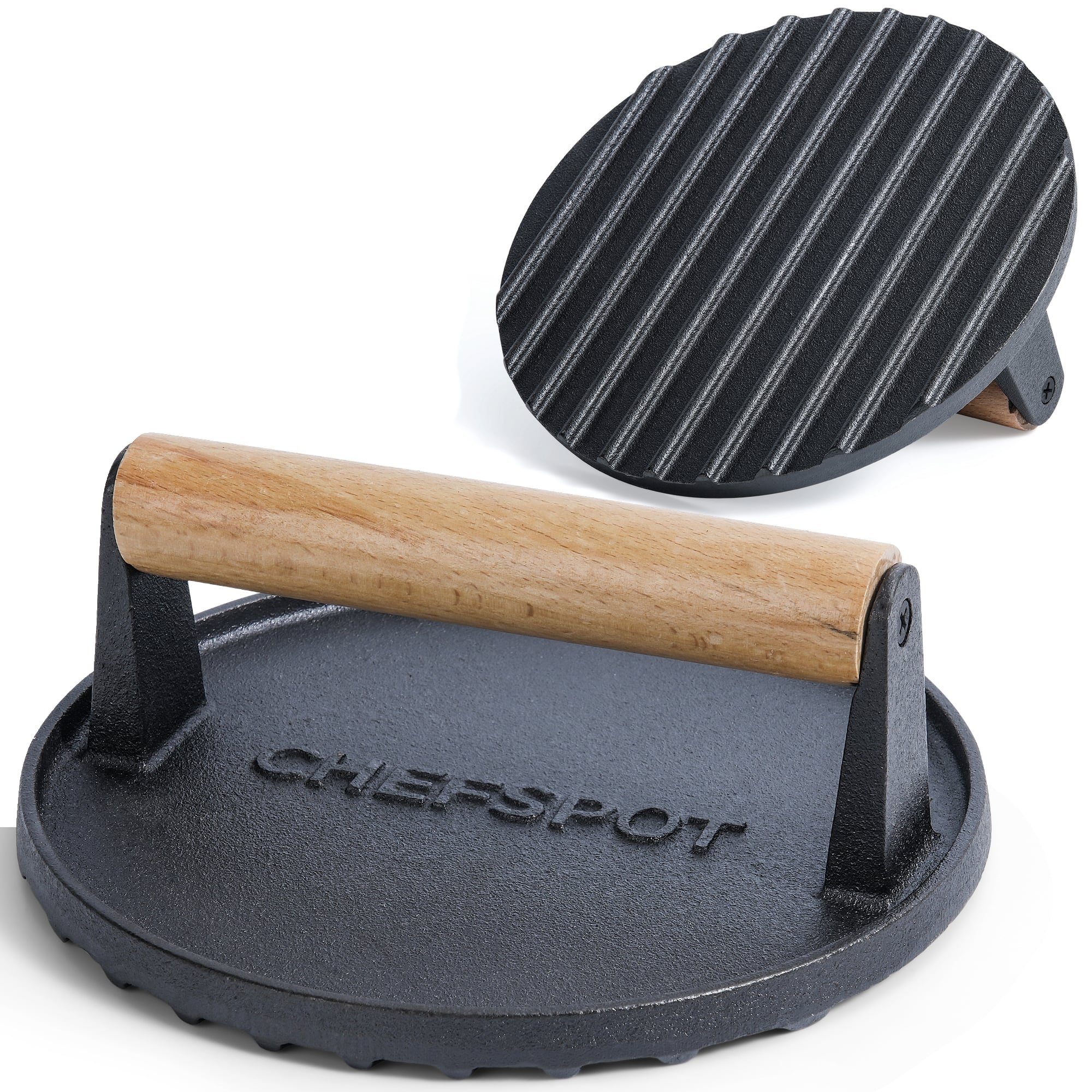 CHEFSPOT - Preseasoned Cast Iron Round Grill Press - Ribbed Surface for Smash Burgers, Bacon & Grill Marks - Black