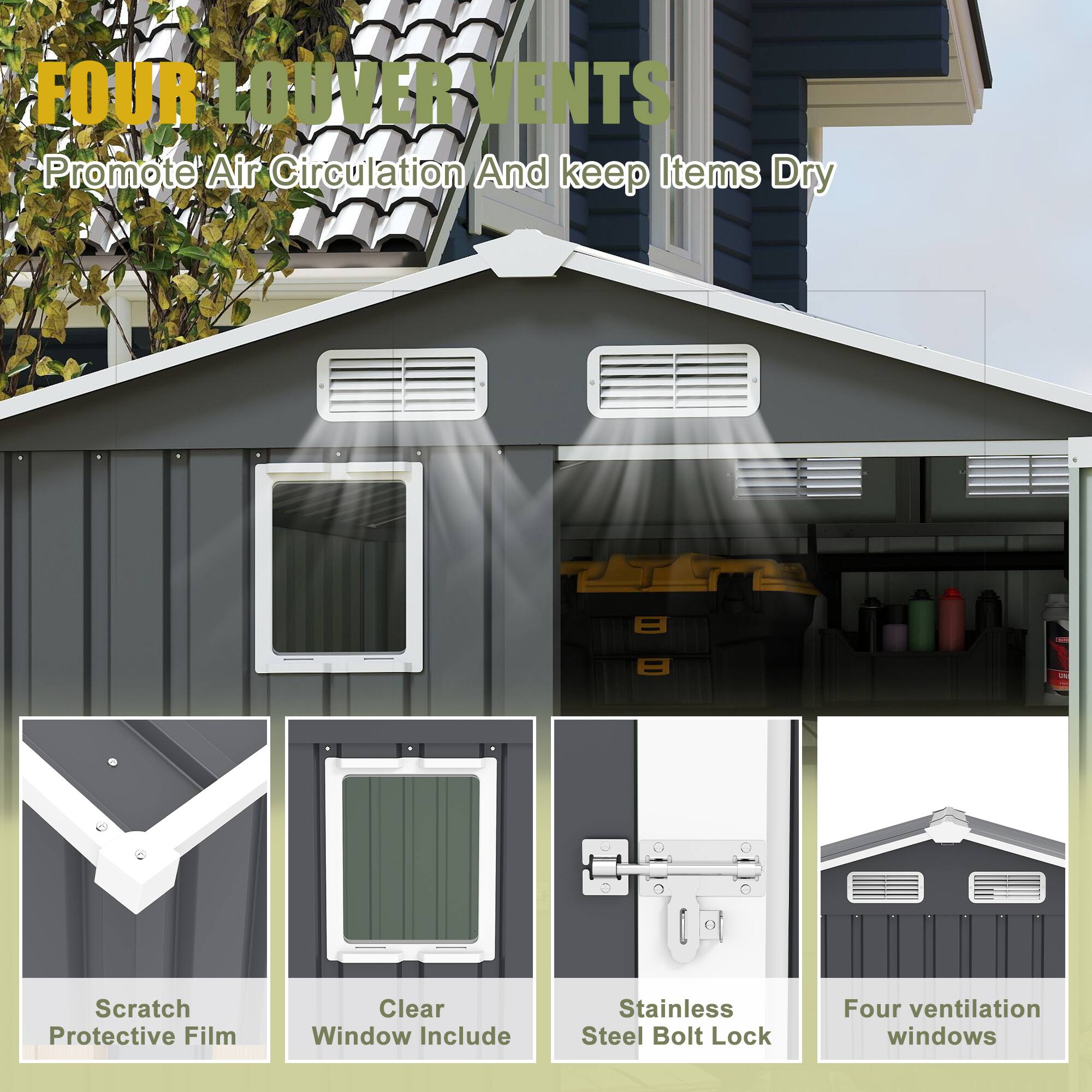 FOUR LOUVER VENTS  
Promote Air Circulation And Keep Items Dry  

- Scratch Protective Film  
- Clear Window Include  
- Stainless Steel Bolt Lock  
- Four Ventilation Windows