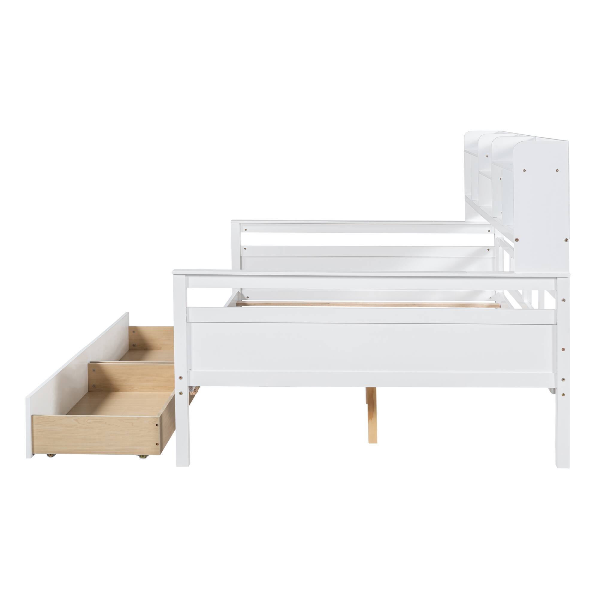Back. Aukfa - Twin size Daybed, Wood Slat Support, with Bedside Shelves and Two Drawers - White.