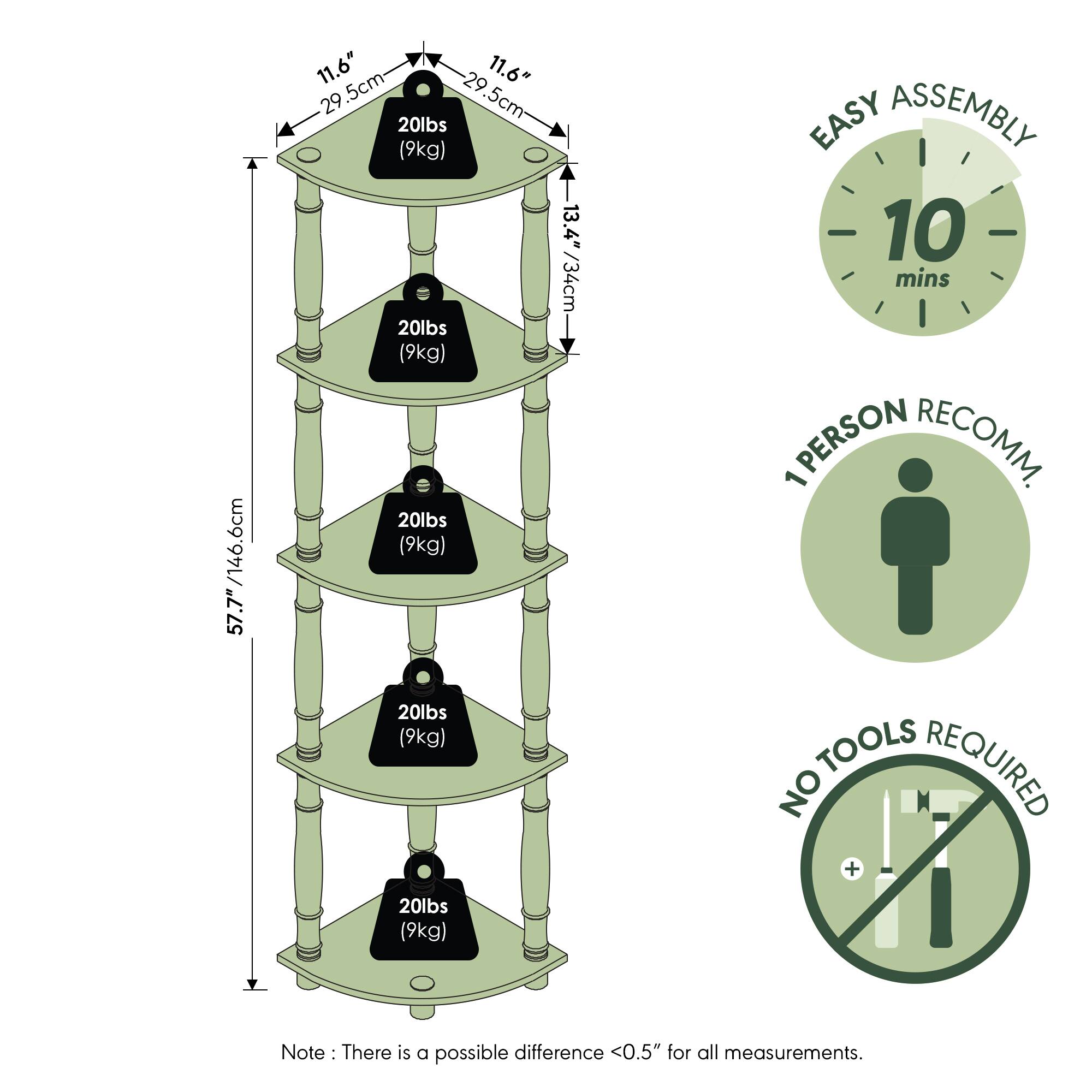 146.6cm / 57.7"  
11.6" / 29.5cm  
5cm  
29.5cm  
20lbs (9kg)  
20lbs (9kg)  
20lbs (9kg)  
20lbs (9kg)  
13.4" / 34cm  

EASY ASSEMBLY  
10 mins  
1 PERSON RECOMM.  
TOOLS REQUIRED NO  

Note: There is a possible difference <0.5" for all measurements.