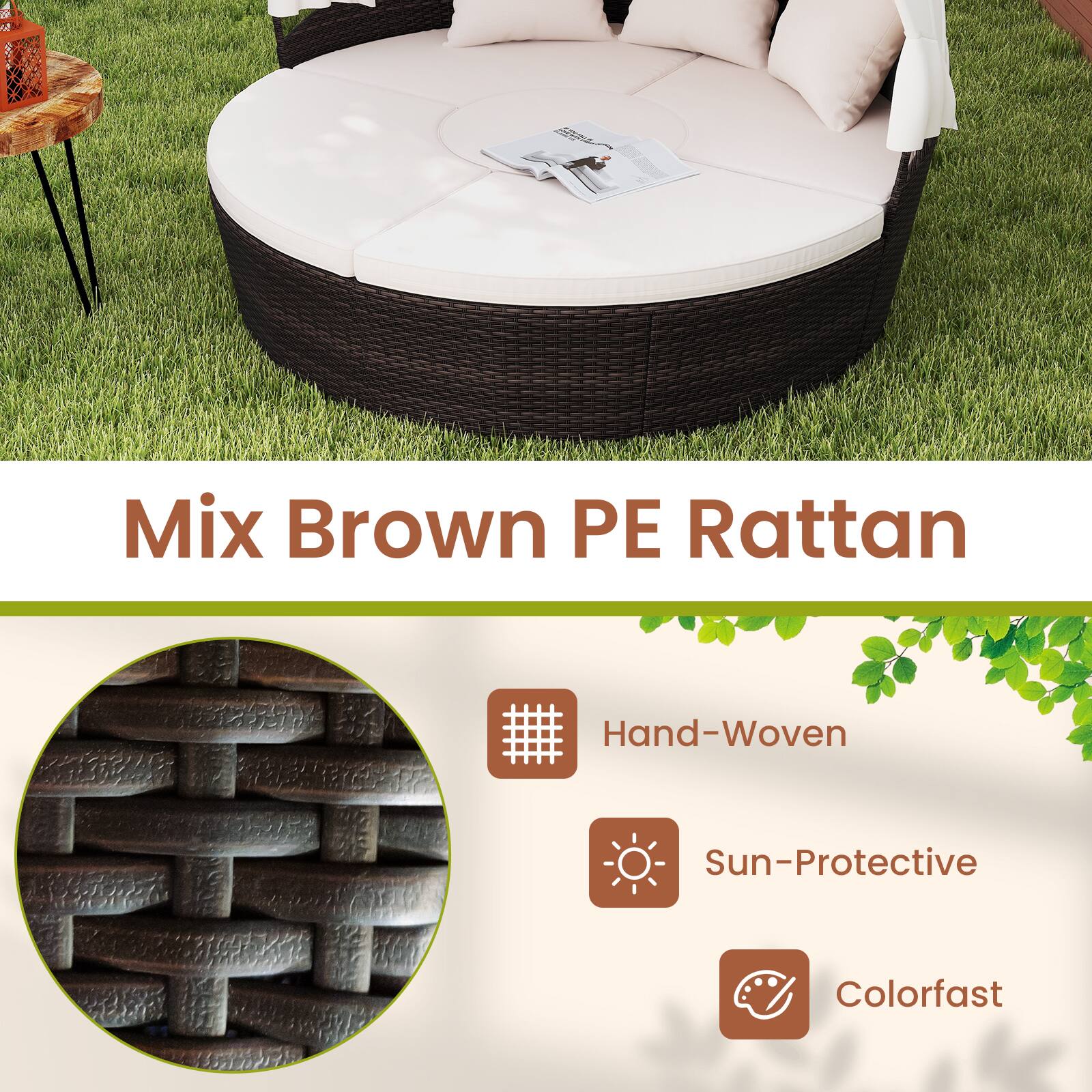 Mix Brown PE Rattan

- Hand-Woven
- Sun-Protective
- Colorfast
