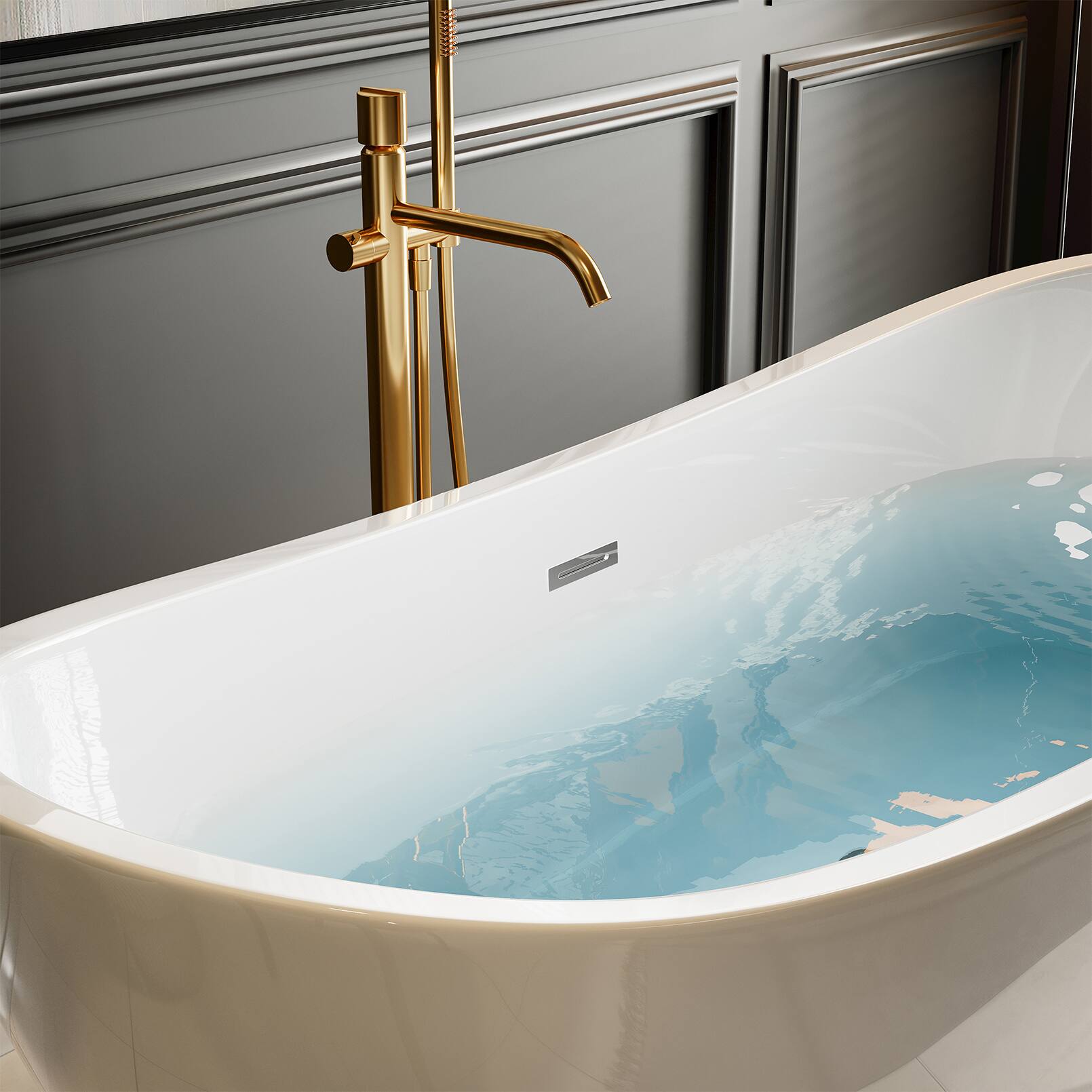 Left. Empava - 69 in. x 28.7 in. Freestanding Flat Bottom Bath Tub Soaking Bathtub with Center Drain - White.
