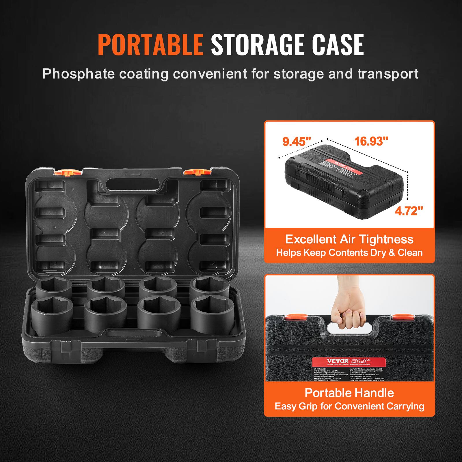 PORTABLE STORAGE CASE  
Phosphate coating convenient for storage and transport  

9.45" x 16.93" x 4.72"  

Excellent Air Tightness  
Helps Keep Contents Dry & Clean  

Portable Handle  
Easy Grip for Convenient Carrying
