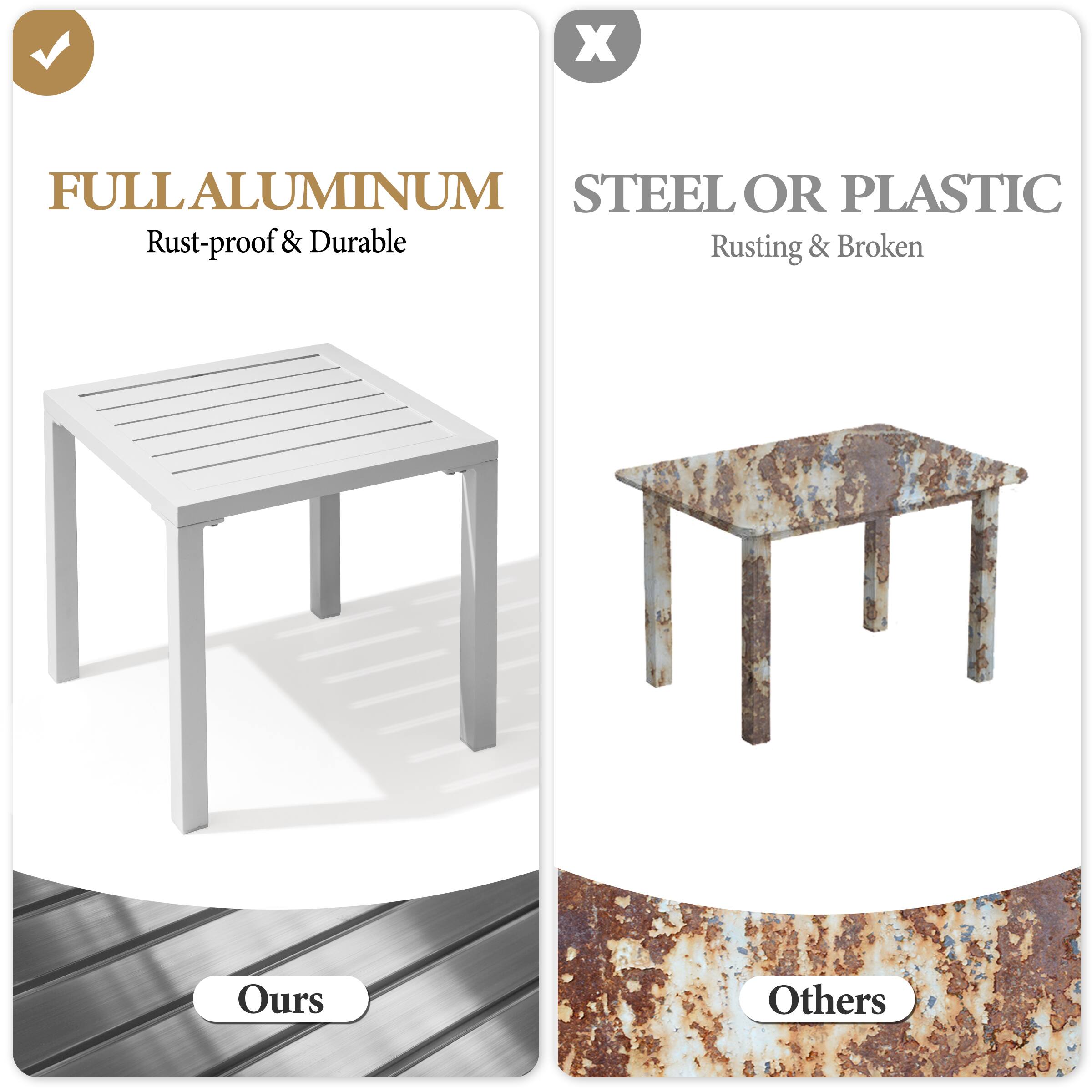 FULL ALUMINUM  
Rust-proof & Durable  

STEEL OR PLASTIC  
Rusting & Broken  

Ours  
Others