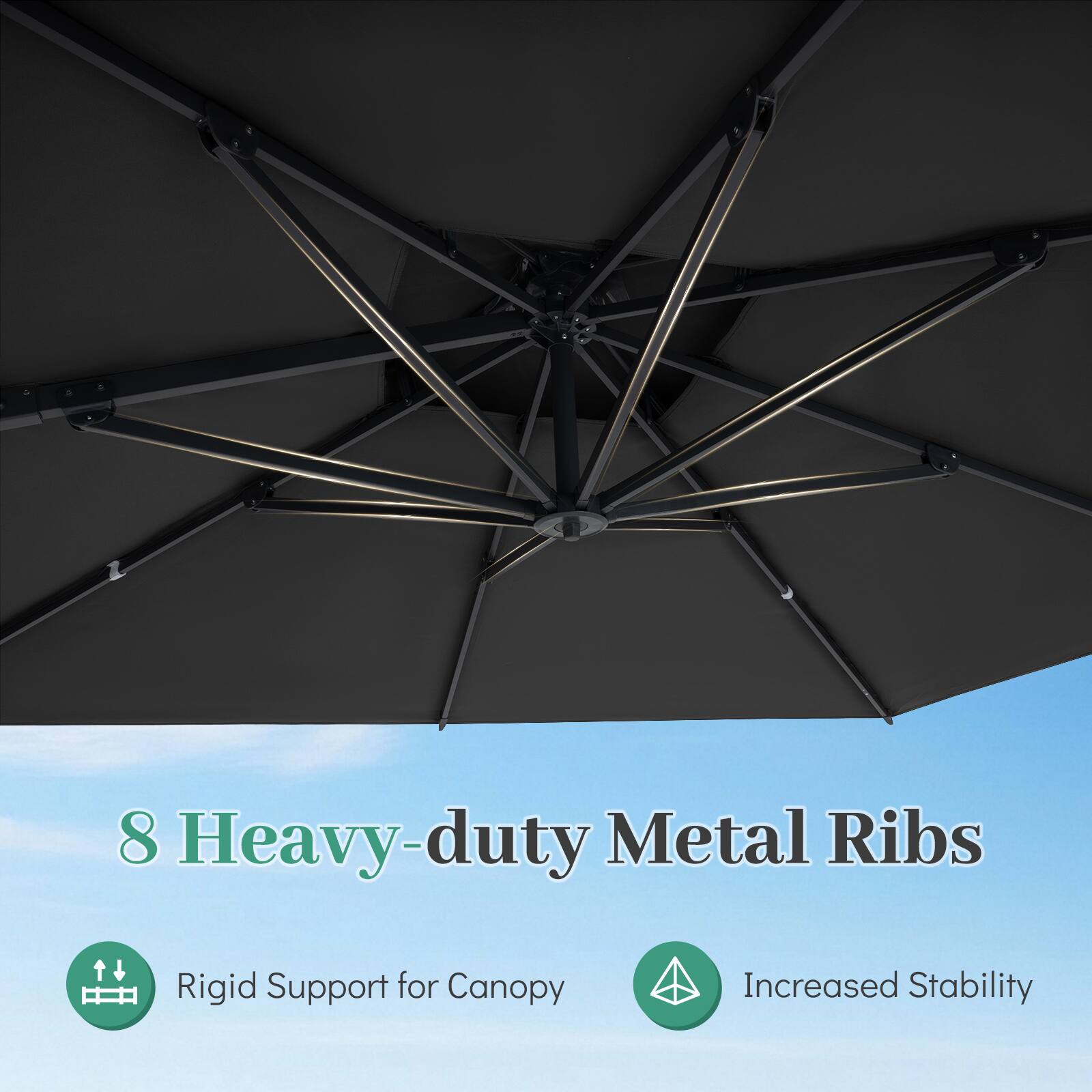 8 Heavy-duty Metal Ribs  
Rigid Support for Canopy  
Increased Stability