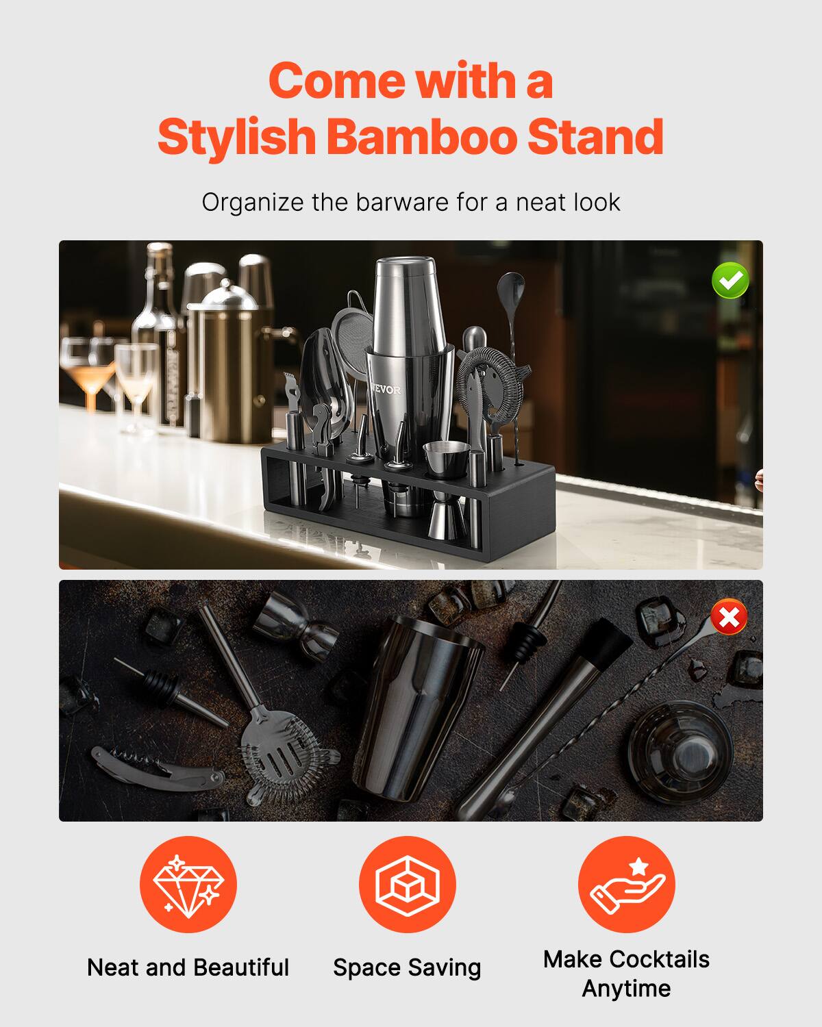 Come with a Stylish Bamboo Stand

Organize the barware for a neat look

Neat and Beautiful  
Space Saving  
Make Cocktails Anytime