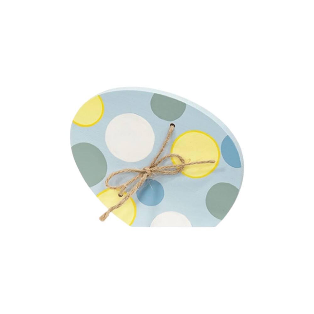 Back. BreeBe - Dots & Stripe Wooden Easter Egg Sitter w/Jute Bow - 3 Asstd. - Yellow, Blue, Green.