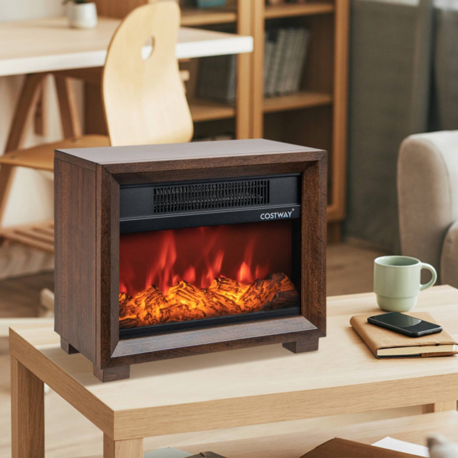 Front. LUCKY ONE - Mini Freestanding Wooden Tabletop Fireplace with Realistic Flame - Brown.