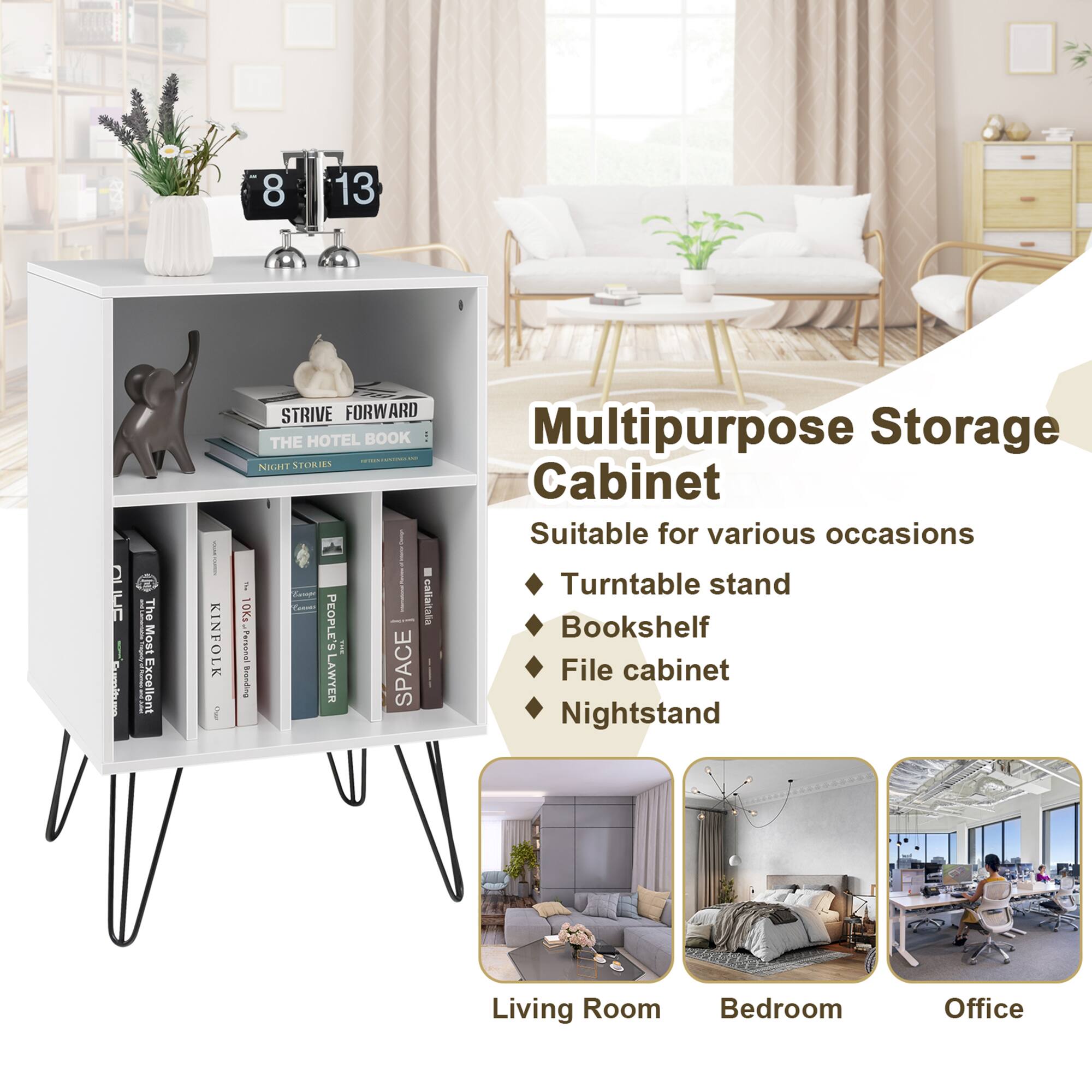 8 13 5 : I The I Most Excellent I I KINFOLK i STRIVE FORWARD THE HOTEL BOOK - Multipurpose Storage Cabinet Suitable for various occasions | . I  Turntable stand 10Ks PEOPLE'S callaitala Bookshelf Pesonai i Branding LAWYER SPACE File cabinet Nightstand Living Room Bedroom Office

---

**Multipurpose Storage Cabinet**

- Suitable for various occasions
  - Turntable stand
  - Bookshelf
  - File cabinet
  - Nightstand

- Living Room
- Bedroom
- Office